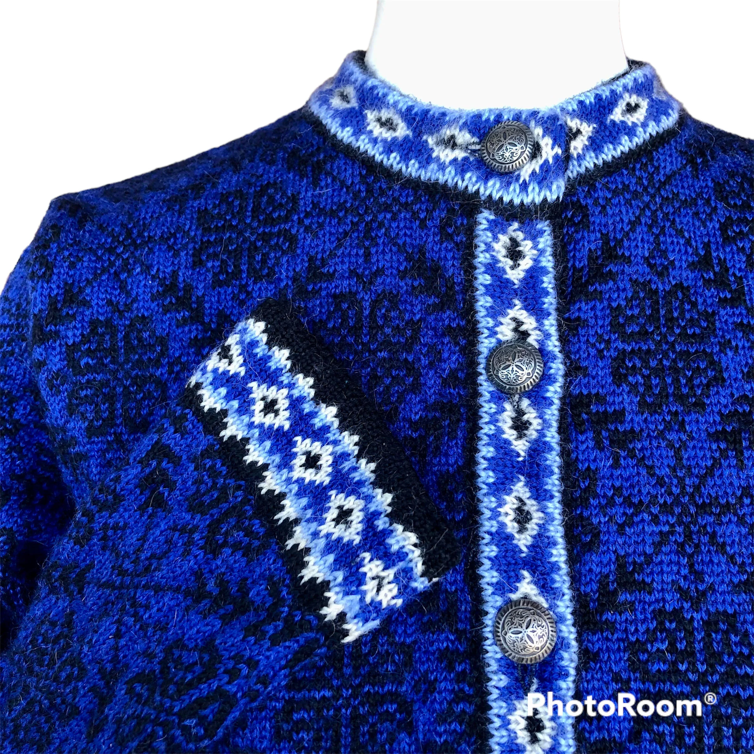 90s/00s Blue Nordic Cardigan Sweater Merino Wool Size M By L.L. Bean - Image 4