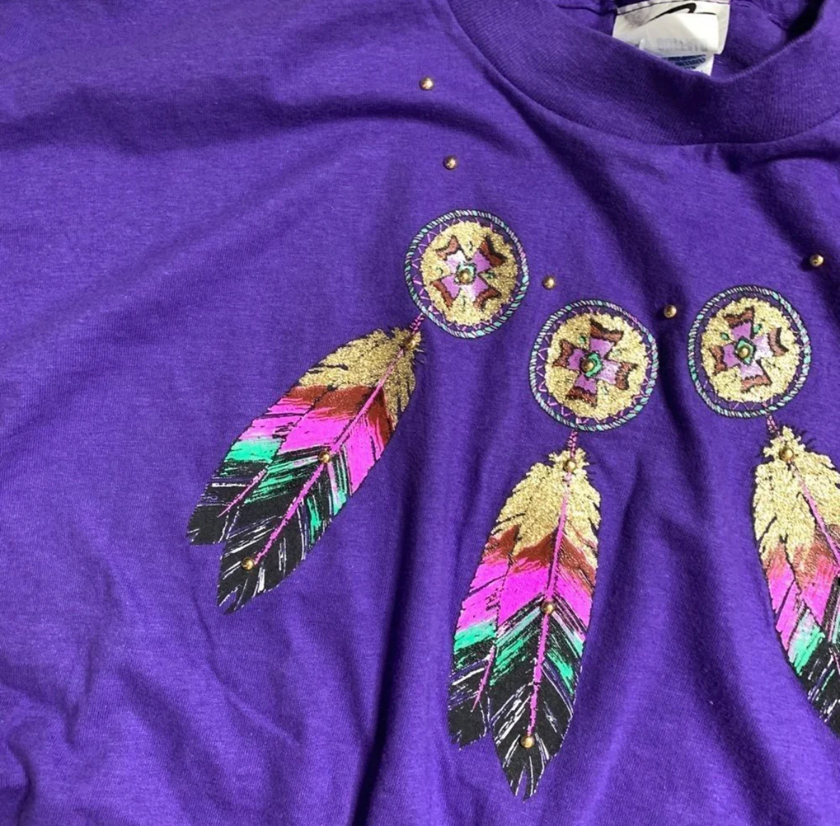 90s/00s Hippie Feather Detailed Crewneck T-shirt - Image 7