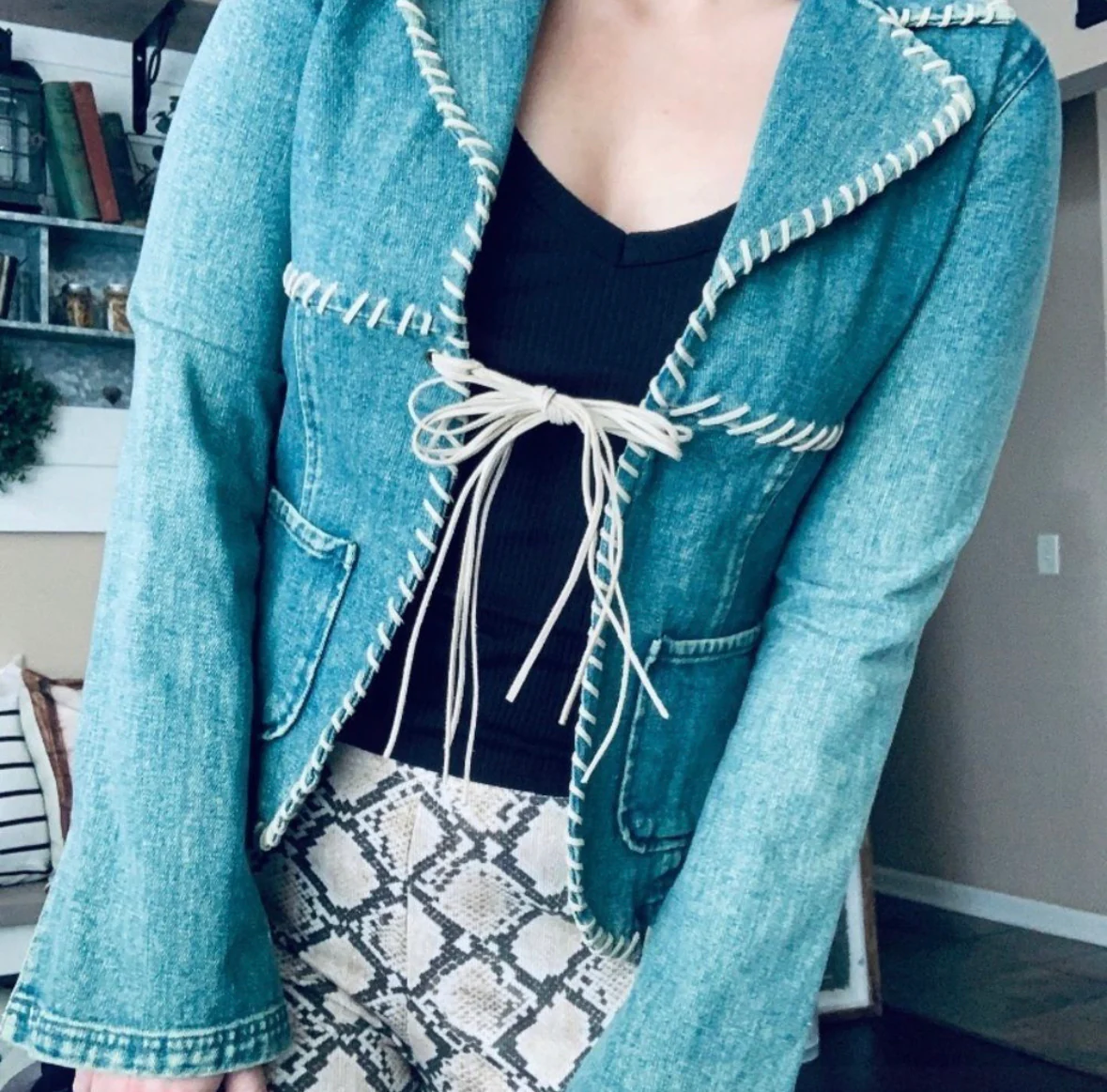 90s/00s  Whipstitch Bell Sleeve Jean Jacket by Blanc Noir - Image 2