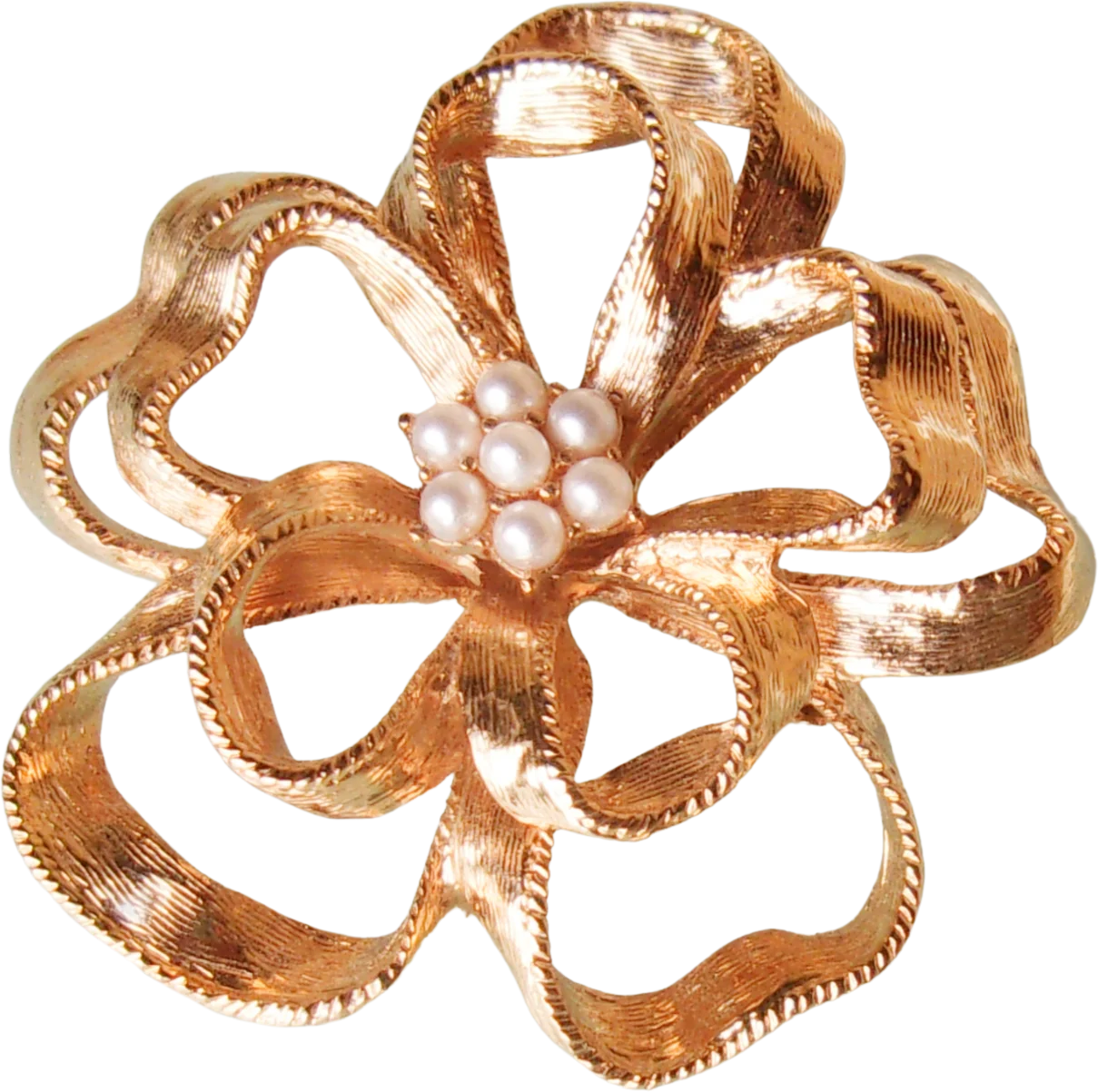 90s/00s Brooch Ribbon Bow Goldtone Faux Seed Pearl Flower