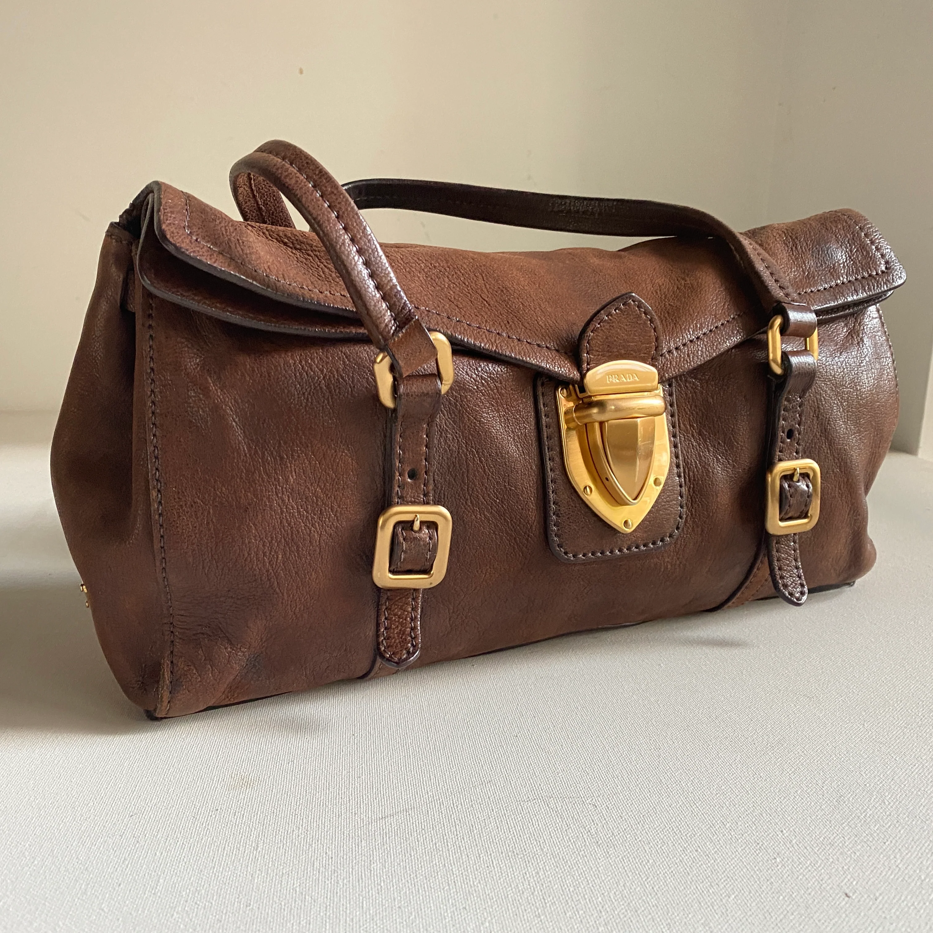 90s/00s Cognac Brown Large Baguette Shape Shoulder Bag By Prada - Image 3