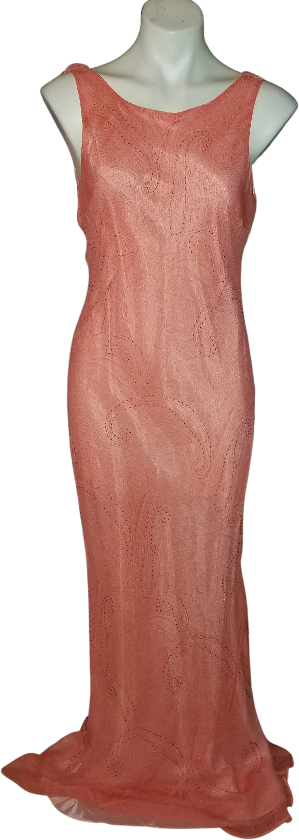 90s/00s Coral/peach Silk Chiffon Bias Gown W Silver Beads By Chelsea Nites