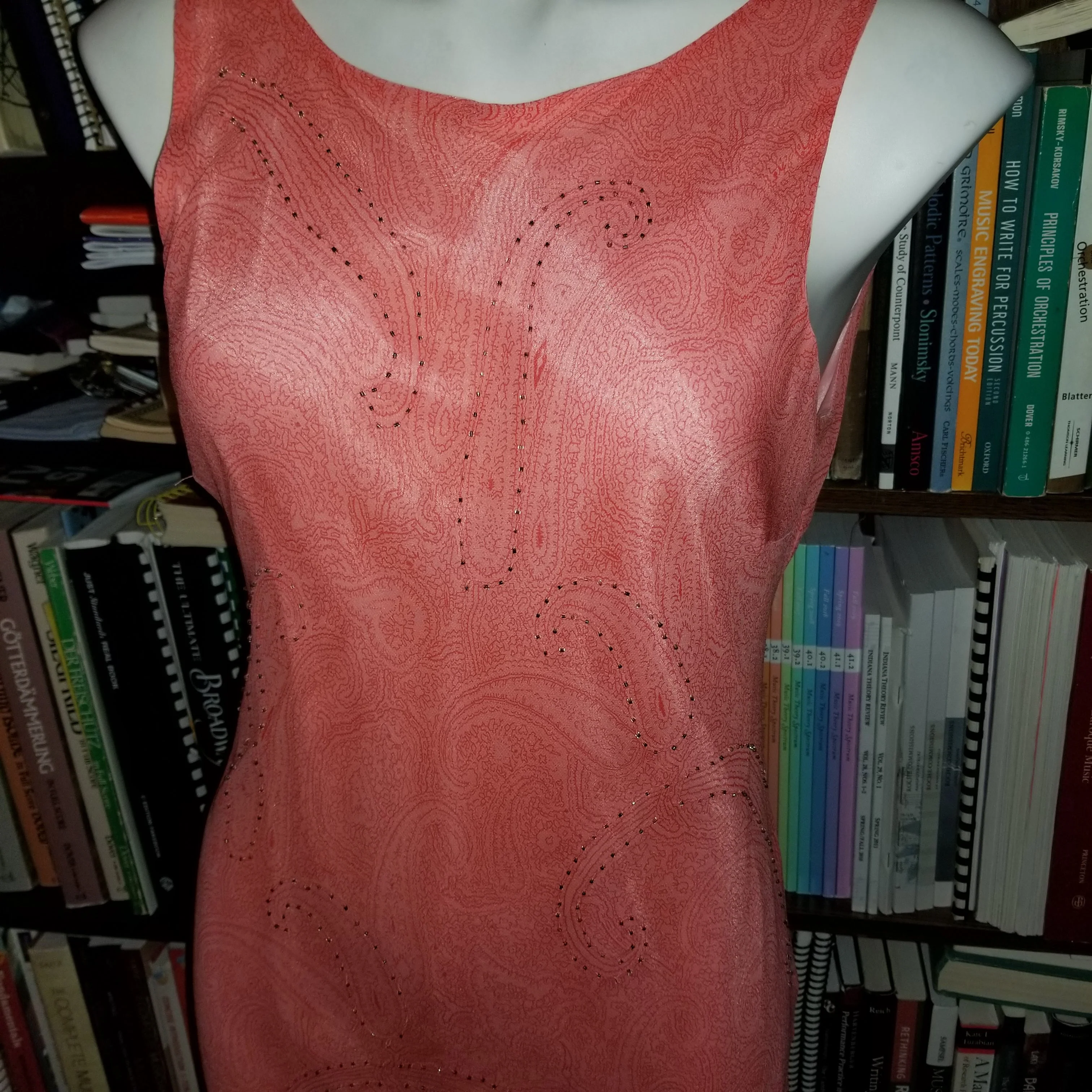 90s/00s Coral/peach Silk Chiffon Bias Gown W Silver Beads By Chelsea Nites - Image 3
