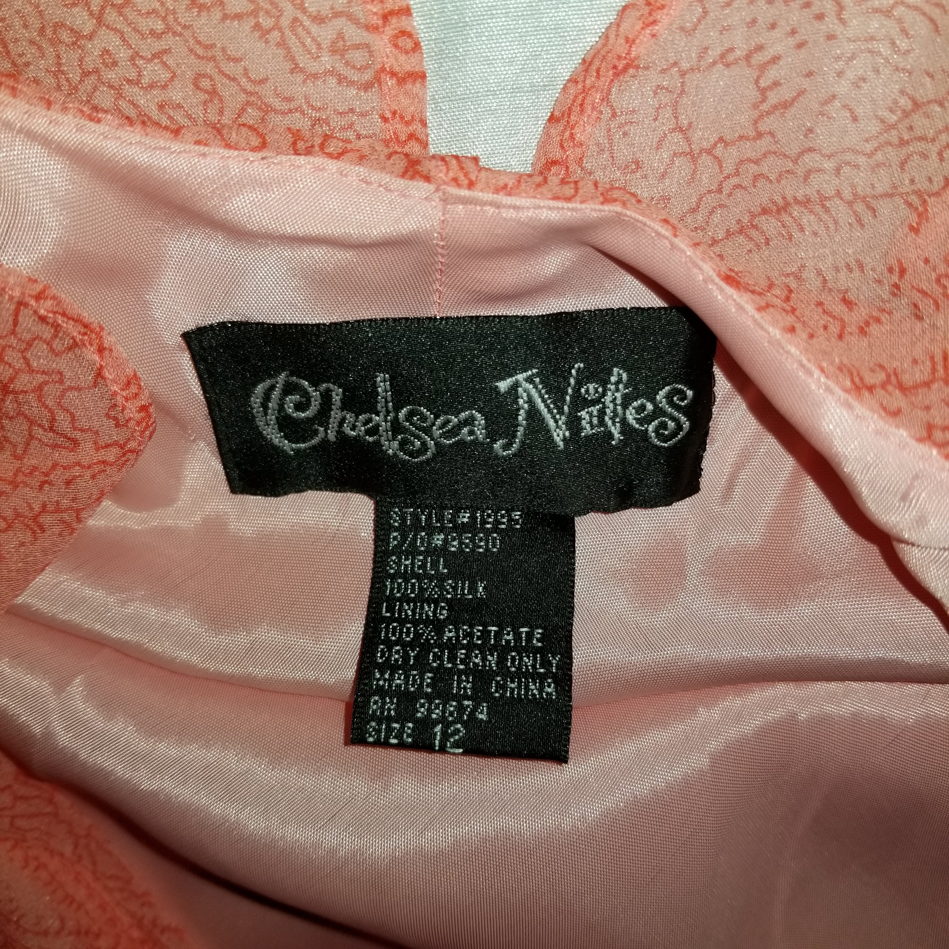 90s/00s Coral/peach Silk Chiffon Bias Gown W Silver Beads By Chelsea Nites - Image 4
