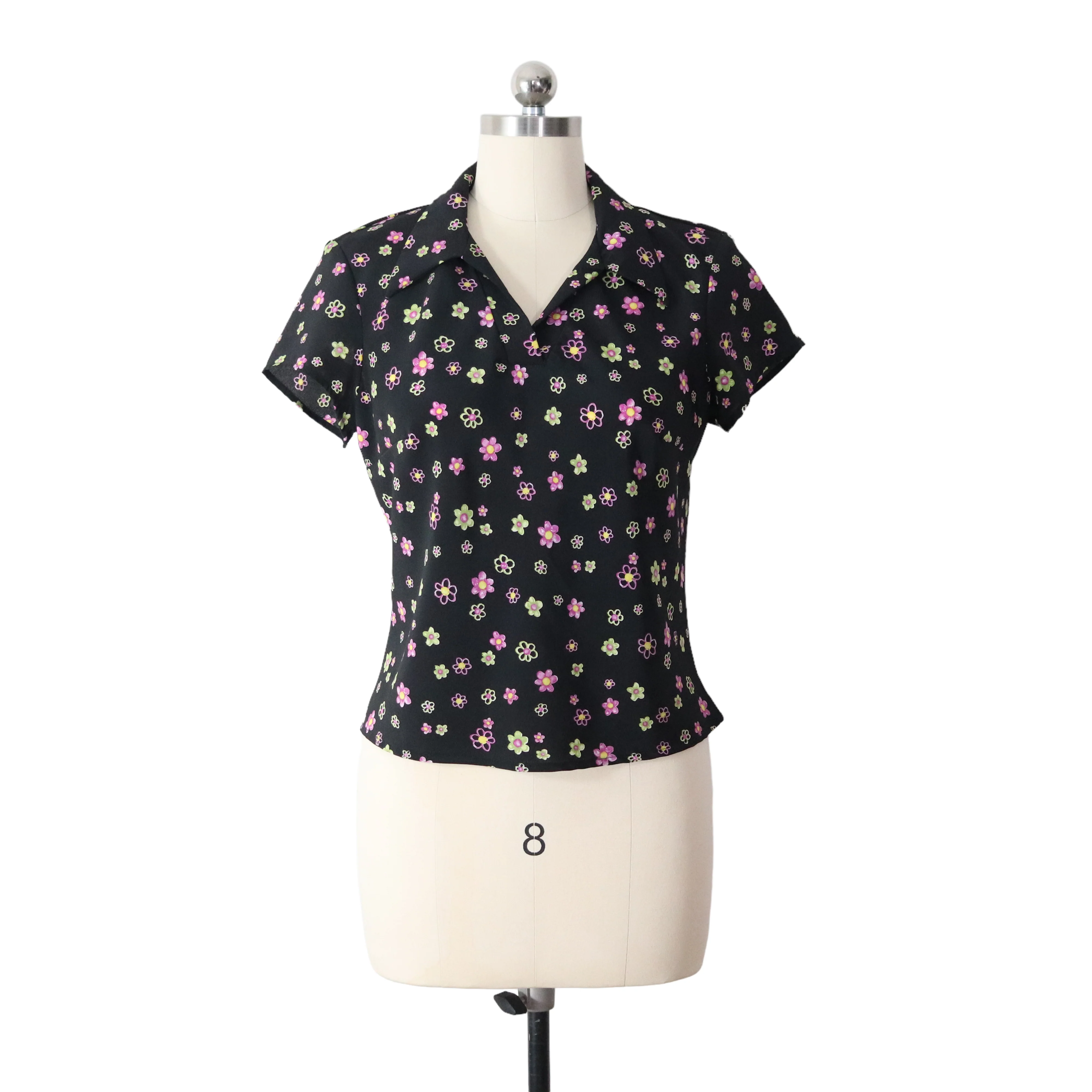 90s/00s Daisy Floral Black Semi Sheer Cropped Blouse Top By Tempted - Image 3