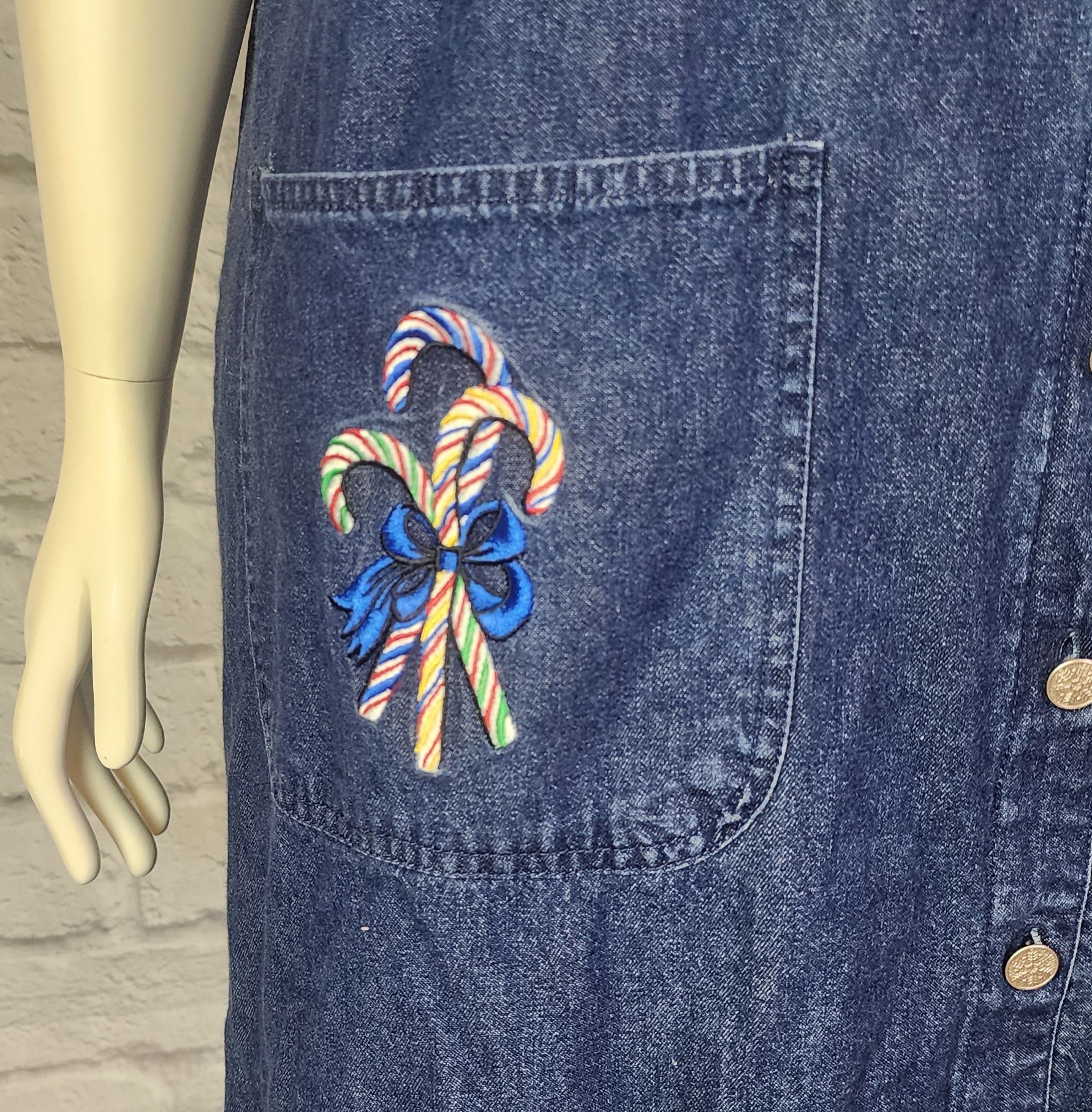 90s/00s Denim Candy Cane Christmas Pinafore Dress - Image 6
