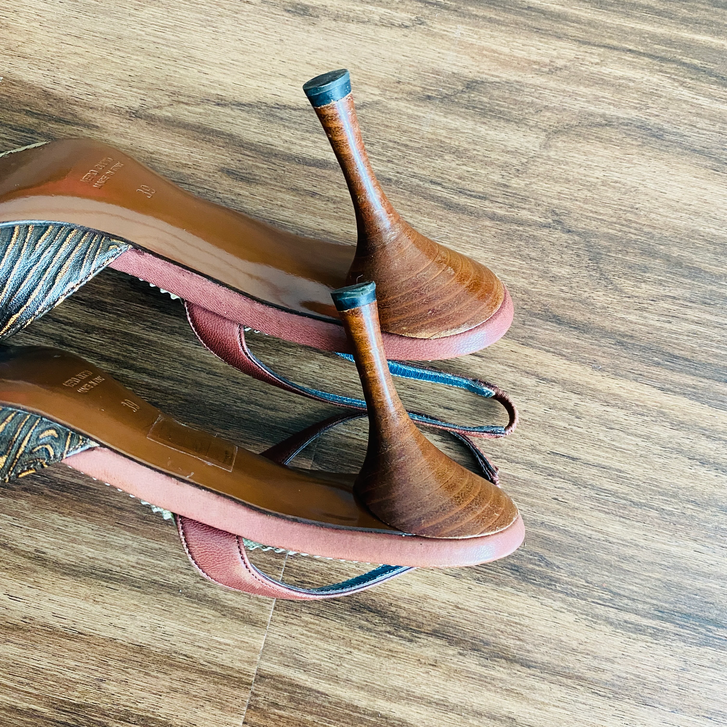 90s/00s Escada Brown Genuine Tooled Leather Embossed Heels By Escada - Image 8