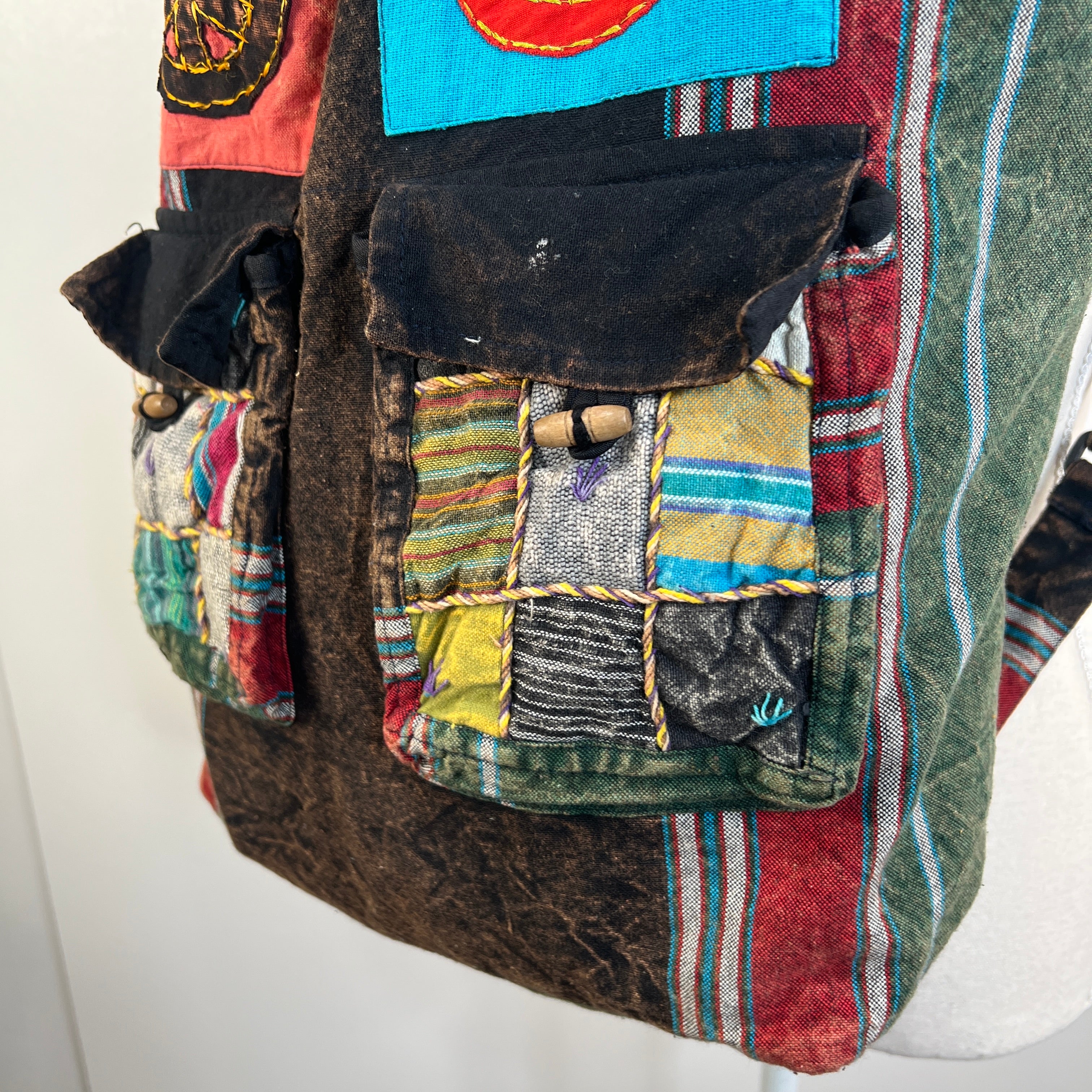 90s/00s Fabric Drawstring Backpack Peace Sign Patchwork By Rising International - Image 7