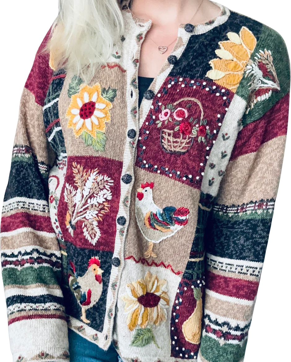 90s/00s Fall/autumn Sunflower Chicken Patchwork Cardigan By Natural Reflections - Image 2