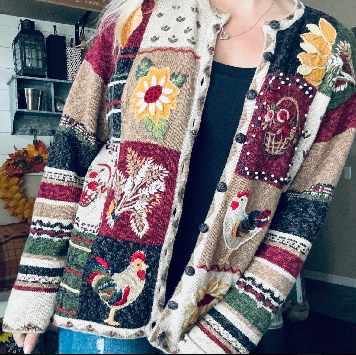 90s/00s Fall/autumn Sunflower Chicken Patchwork Cardigan By Natural Reflections - Image 3