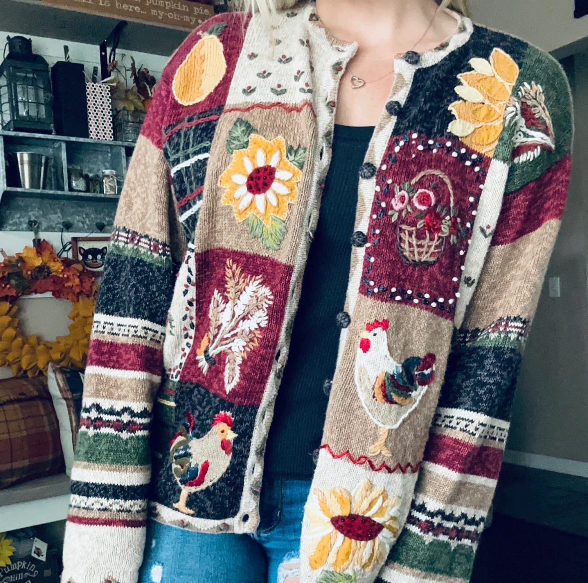 90s/00s Fall/autumn Sunflower Chicken Patchwork Cardigan By Natural Reflections - Image 4