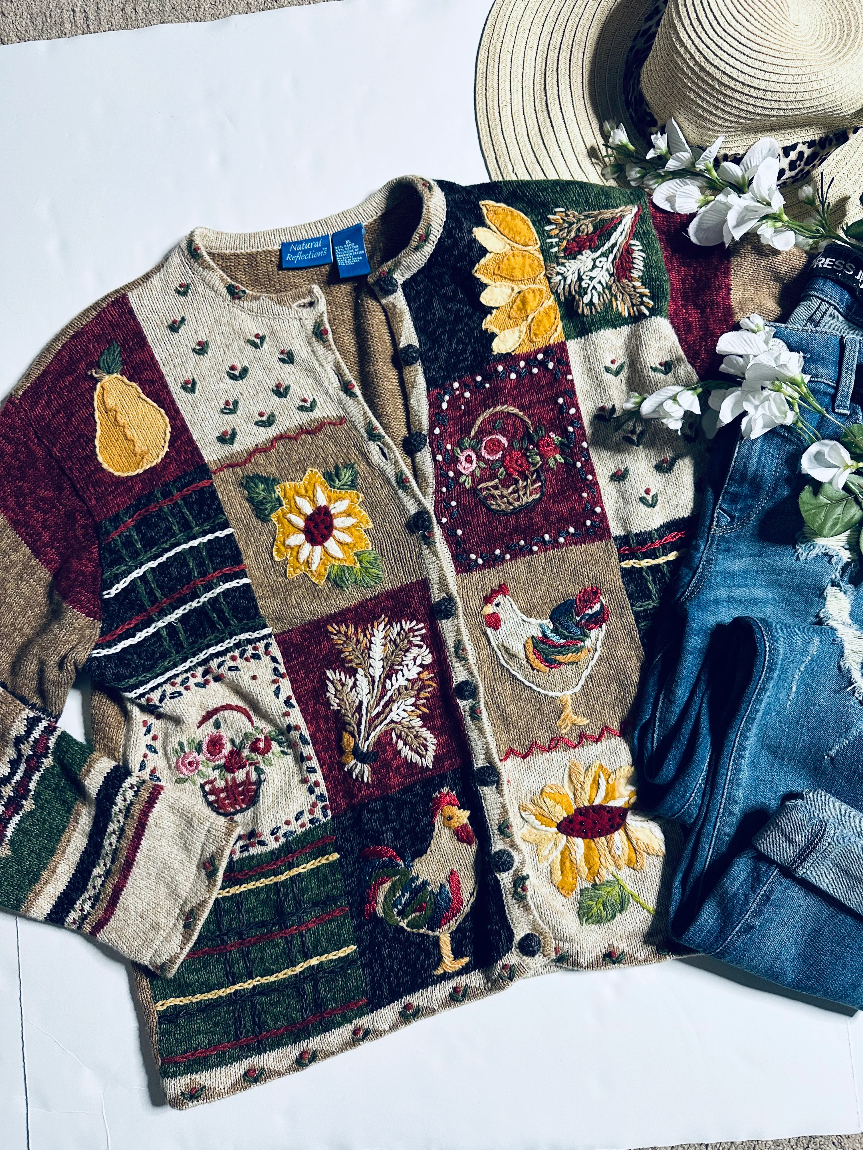 90s/00s Fall/autumn Sunflower Chicken Patchwork Cardigan By Natural Reflections - Image 5