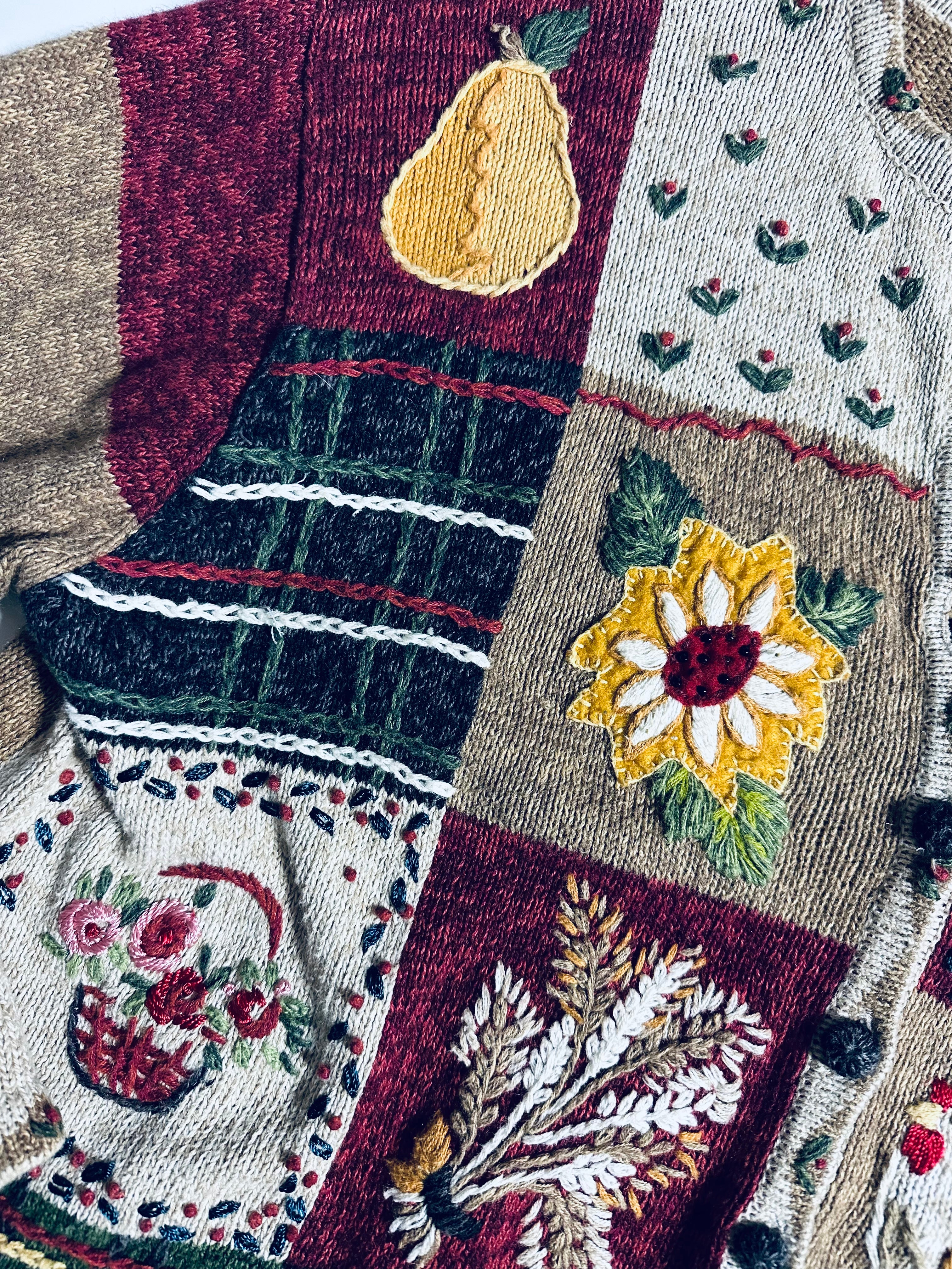 90s/00s Fall/autumn Sunflower Chicken Patchwork Cardigan By Natural Reflections - Image 7