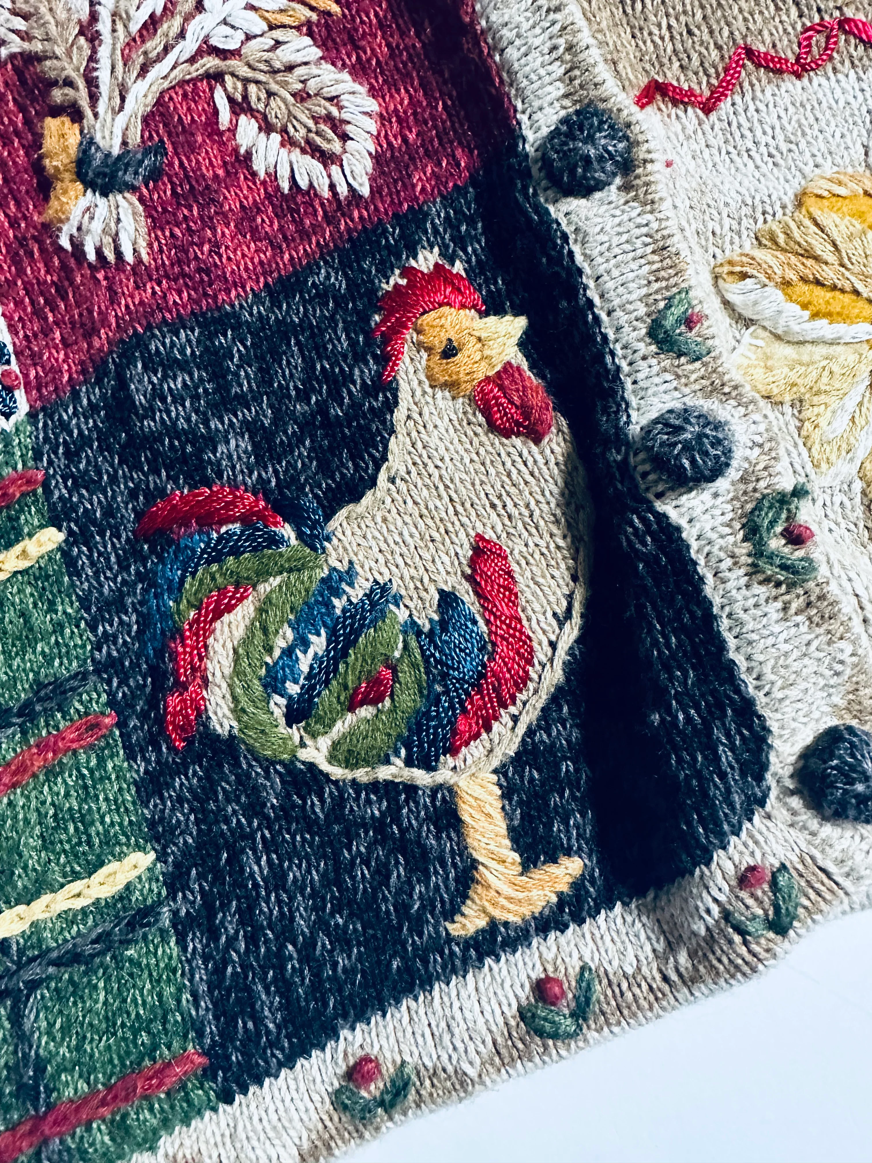 90s/00s Fall/autumn Sunflower Chicken Patchwork Cardigan By Natural Reflections - Image 8