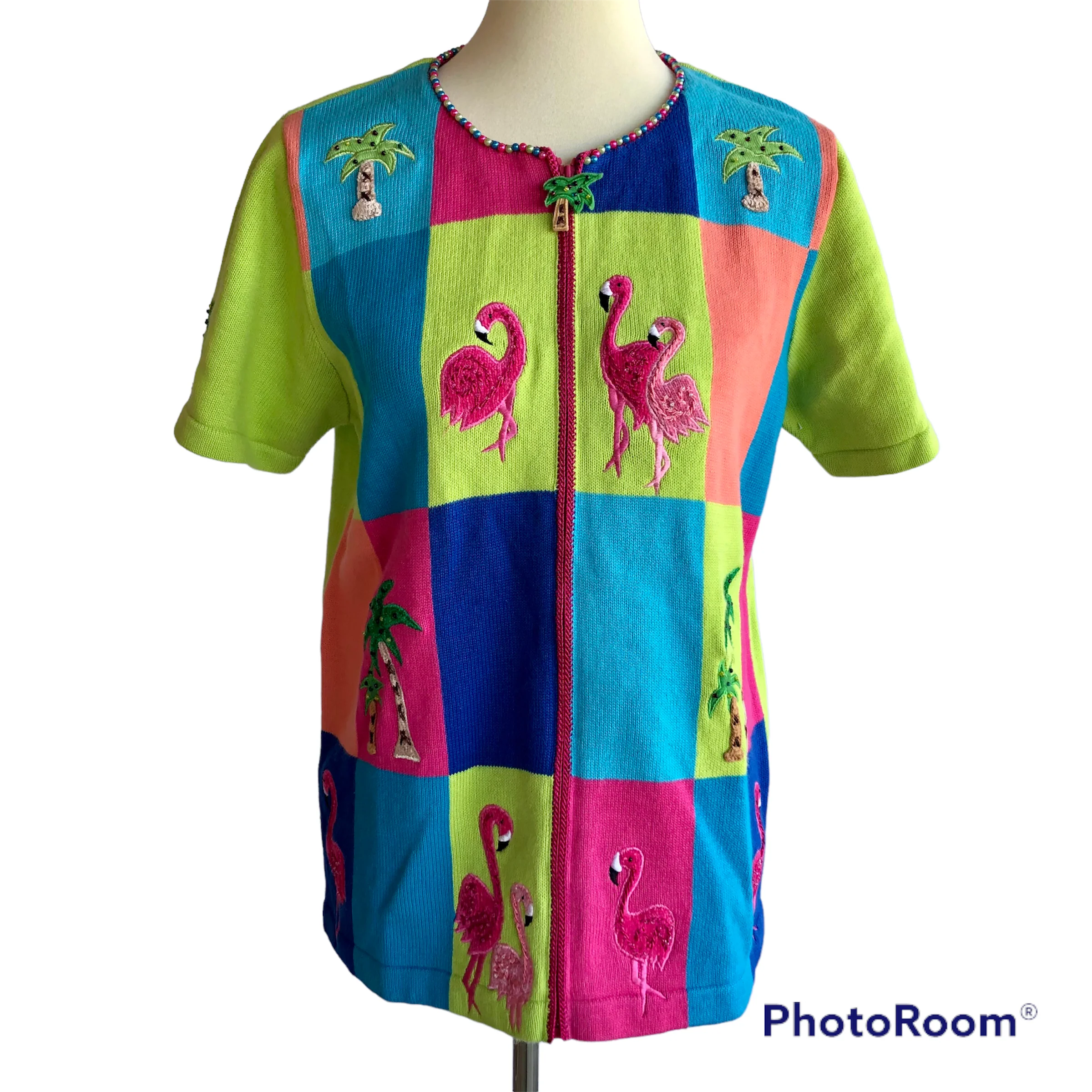 90s/00s Flamingo Palm Tree Patchwork Zip Cardigan Size Sm By Quacker Factory - Image 3