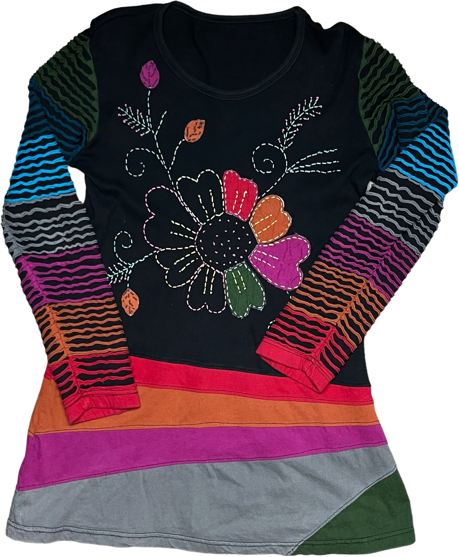 90s/00s Floral Embroidered Hippie Style Tunic Top