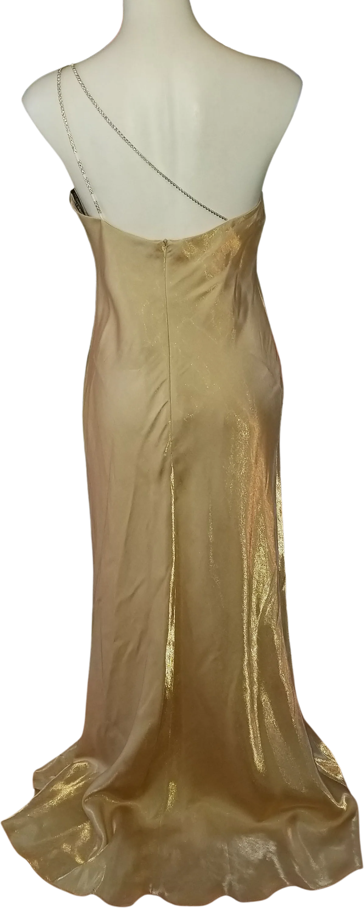 90s/00s Gold Shimmer One-shoulder Gown Ab Crystal Straps By Arianna by Rachel Kaye - Image 2