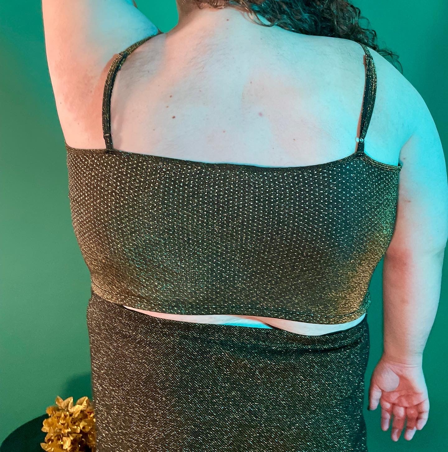 90s/00s Golden Dotted Bugle Beaded Fringe Glitter Tank By Venezia - Image 2