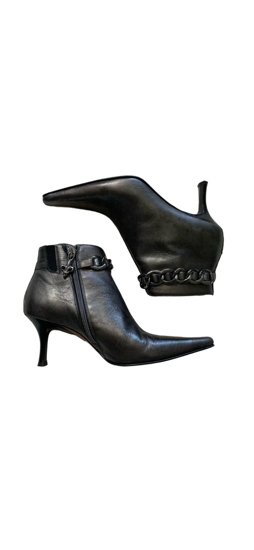 90s/00s Gray Leather&chains Heal Ankle Bootie By Donald J. Pliner - Image 15