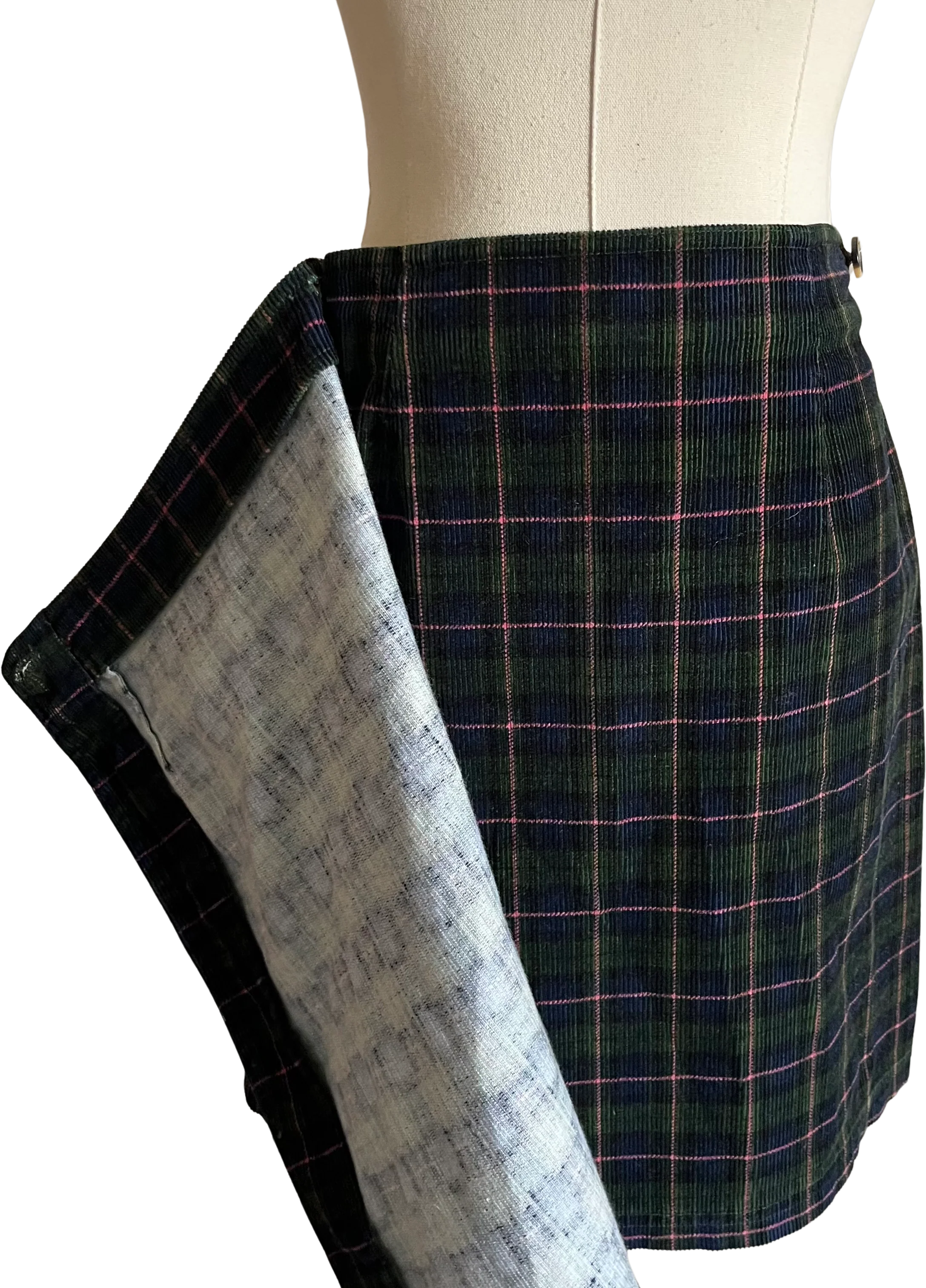 90s/00s Green Plaid Corduroy Wrap Mini Skirt - Image 5