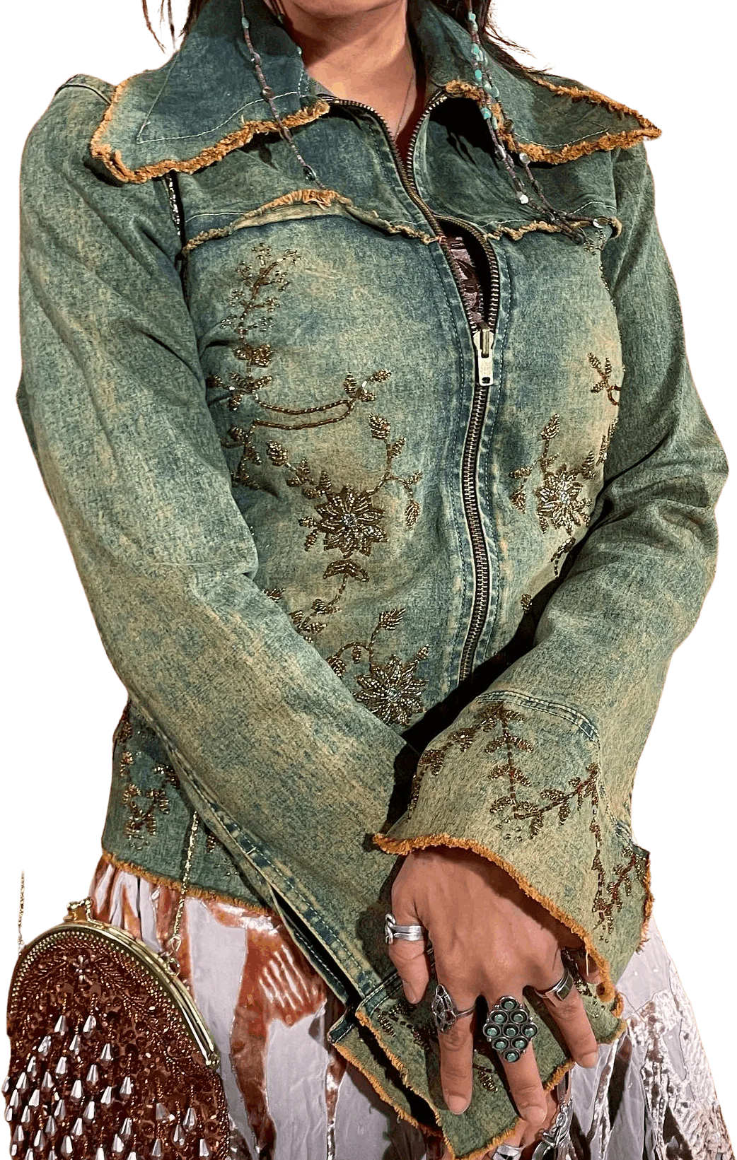 90s/00s Hand Beaded Golden Daisy Chain Rustic Denim Jacket