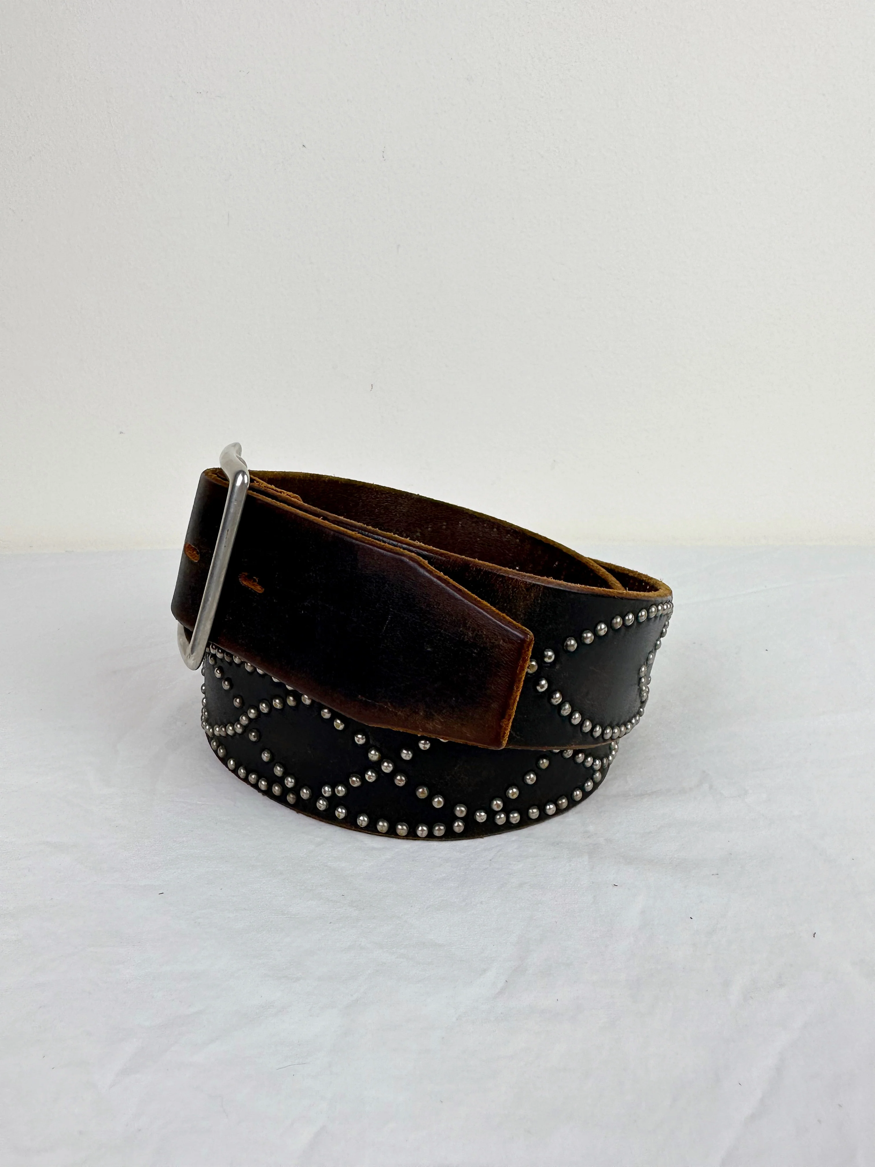 90s/00s Htc Brown Leather Studded Belt By Hollywood Trading Company - Image 4