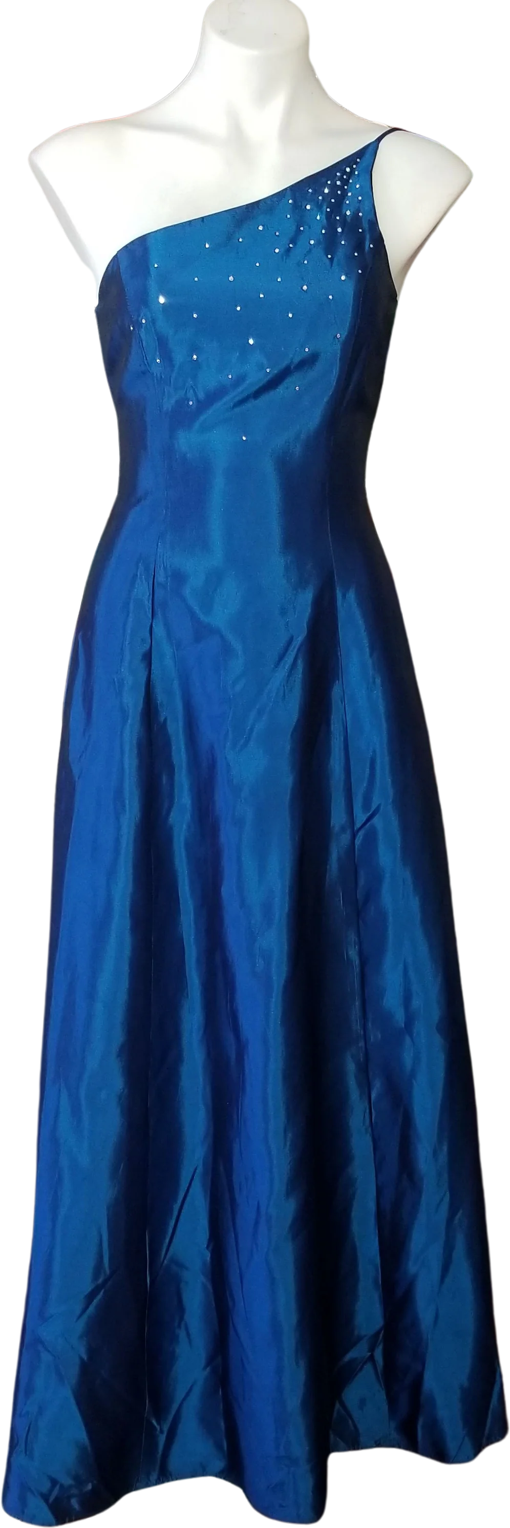 90s/00s Iridescent Blue Taffeta One Shoulder A-line Gown By La Glo