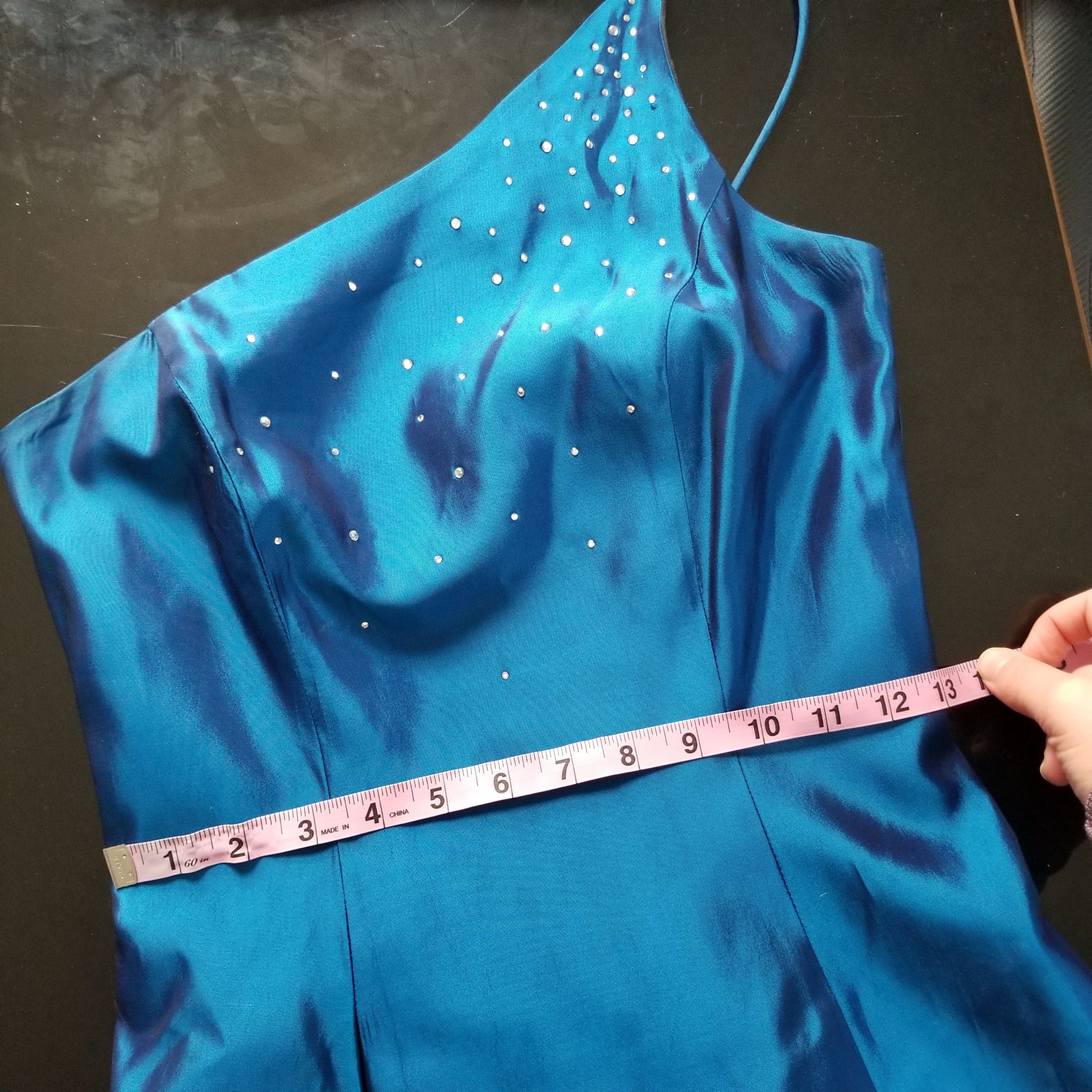 90s/00s Iridescent Blue Taffeta One Shoulder A-line Gown By La Glo - Image 6