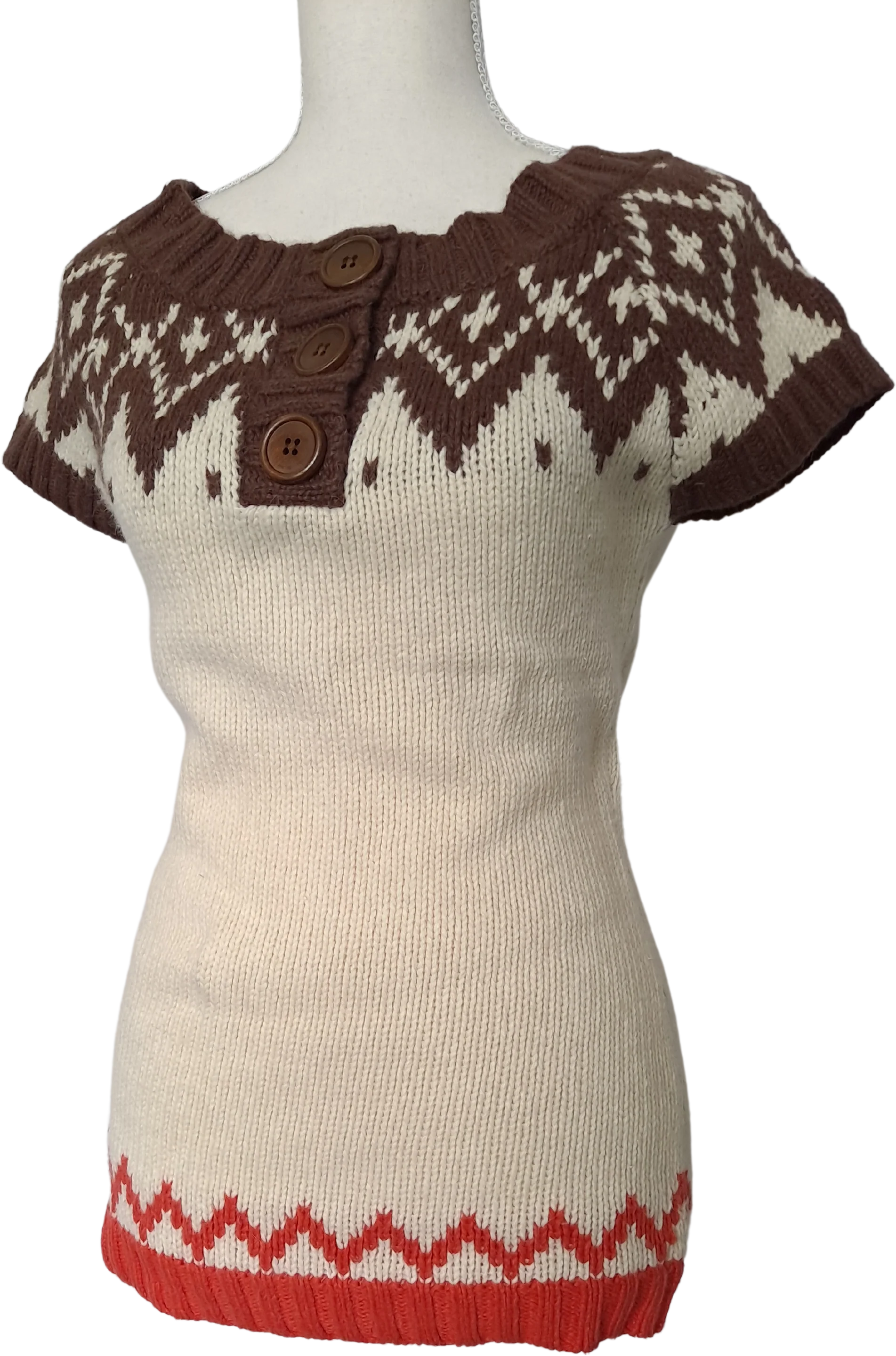 90s/00s Ivory Fair Isle Short Sleeve Sweater Tunic By Delias