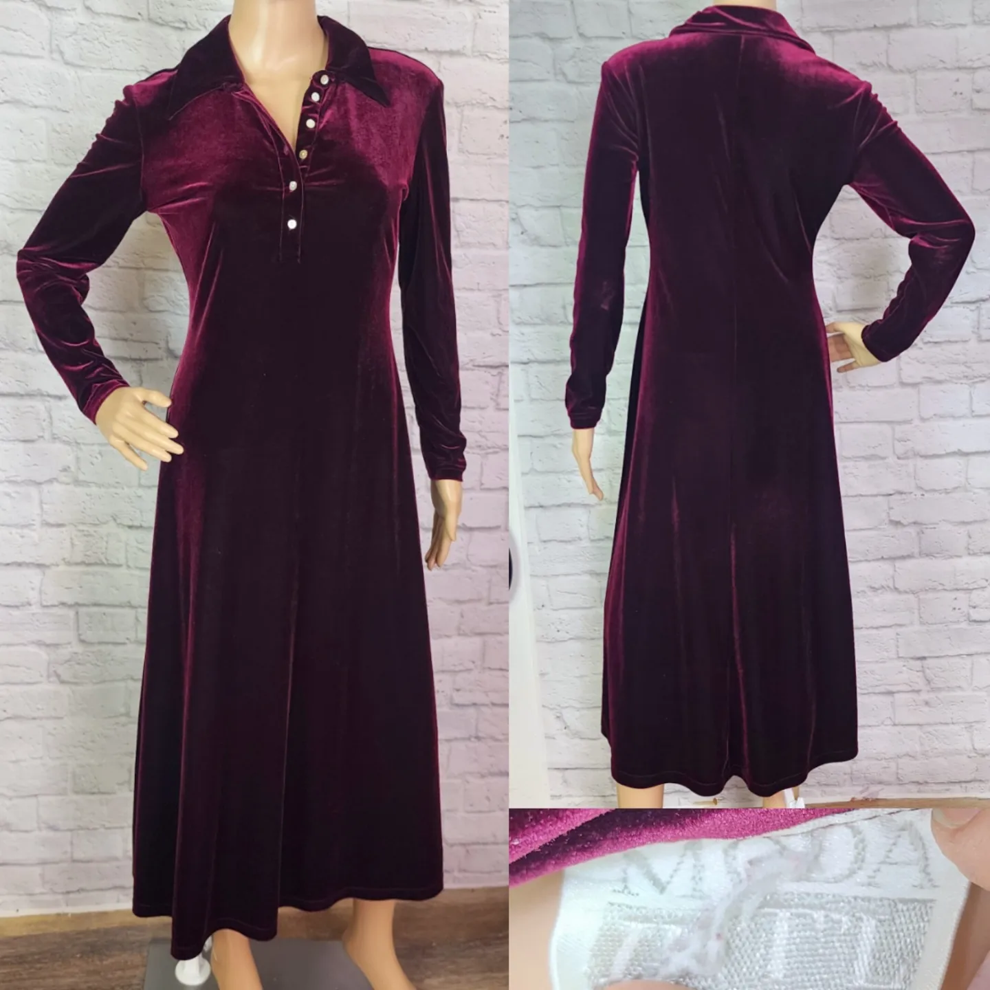 90s/00s Maroon Stretch Velvet Collar Midi Dress By Moda International - Image 3