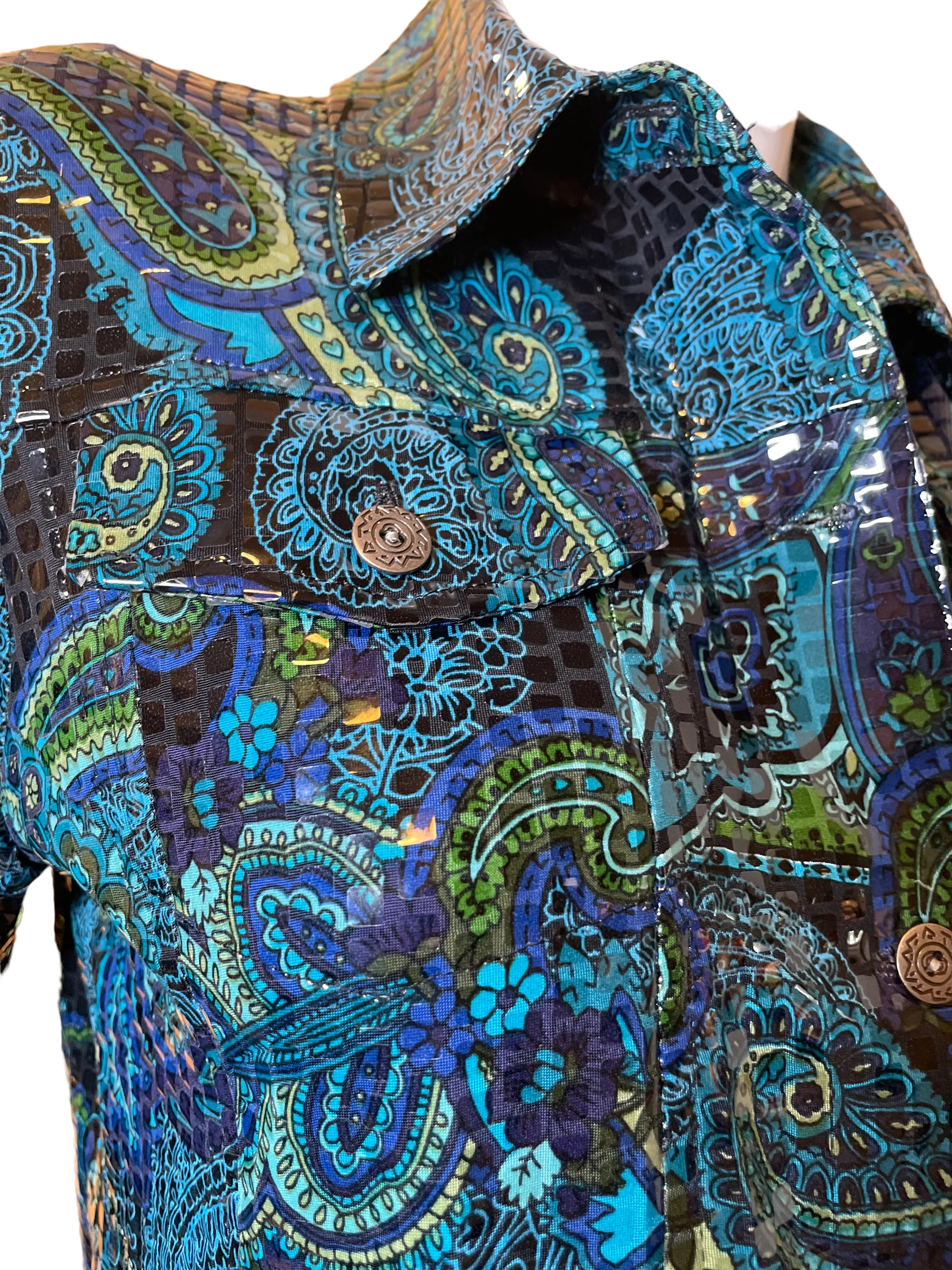 90s/00s Metallic Paisley Psychedelia Print Jean Jacket By Choices Petite - Image 5