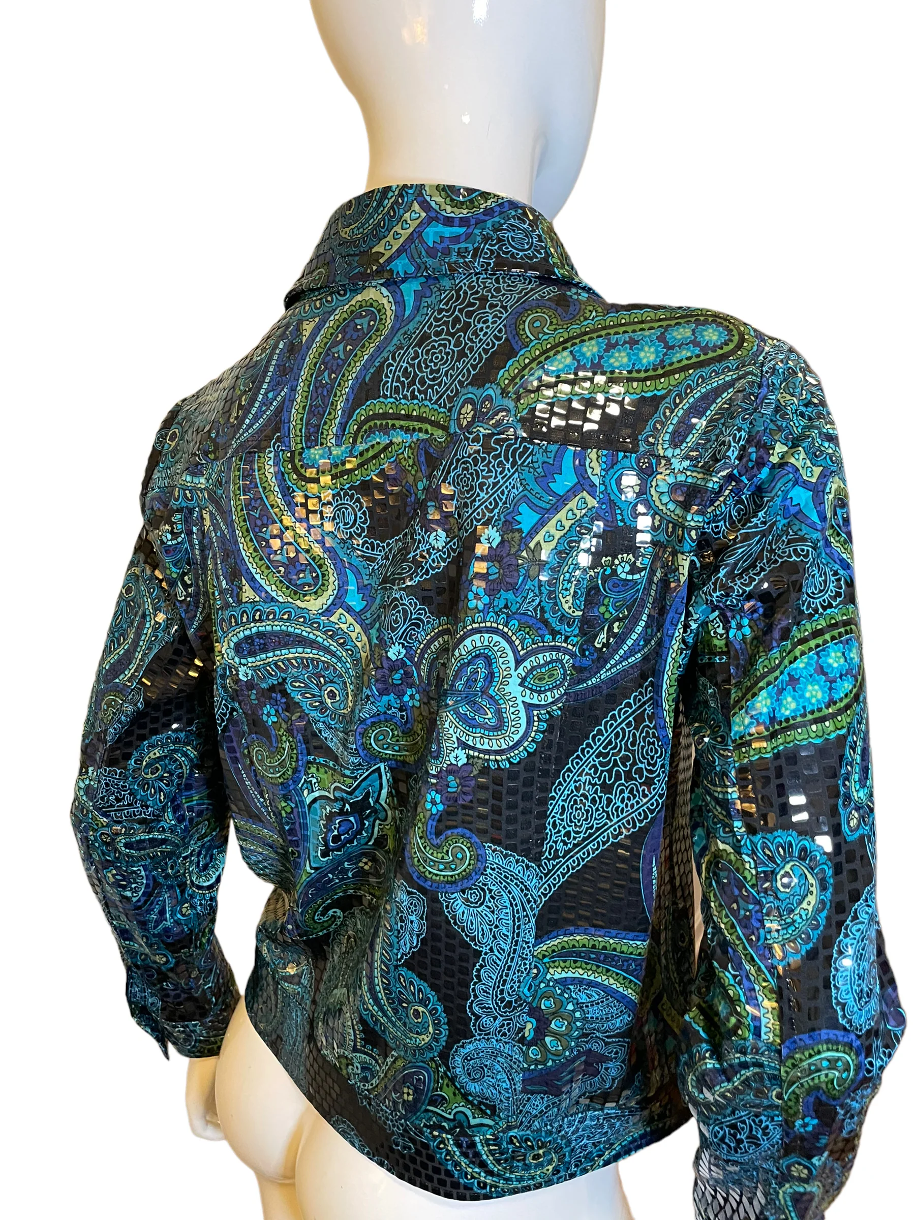 90s/00s Metallic Paisley Psychedelia Print Jean Jacket By Choices Petite - Image 8