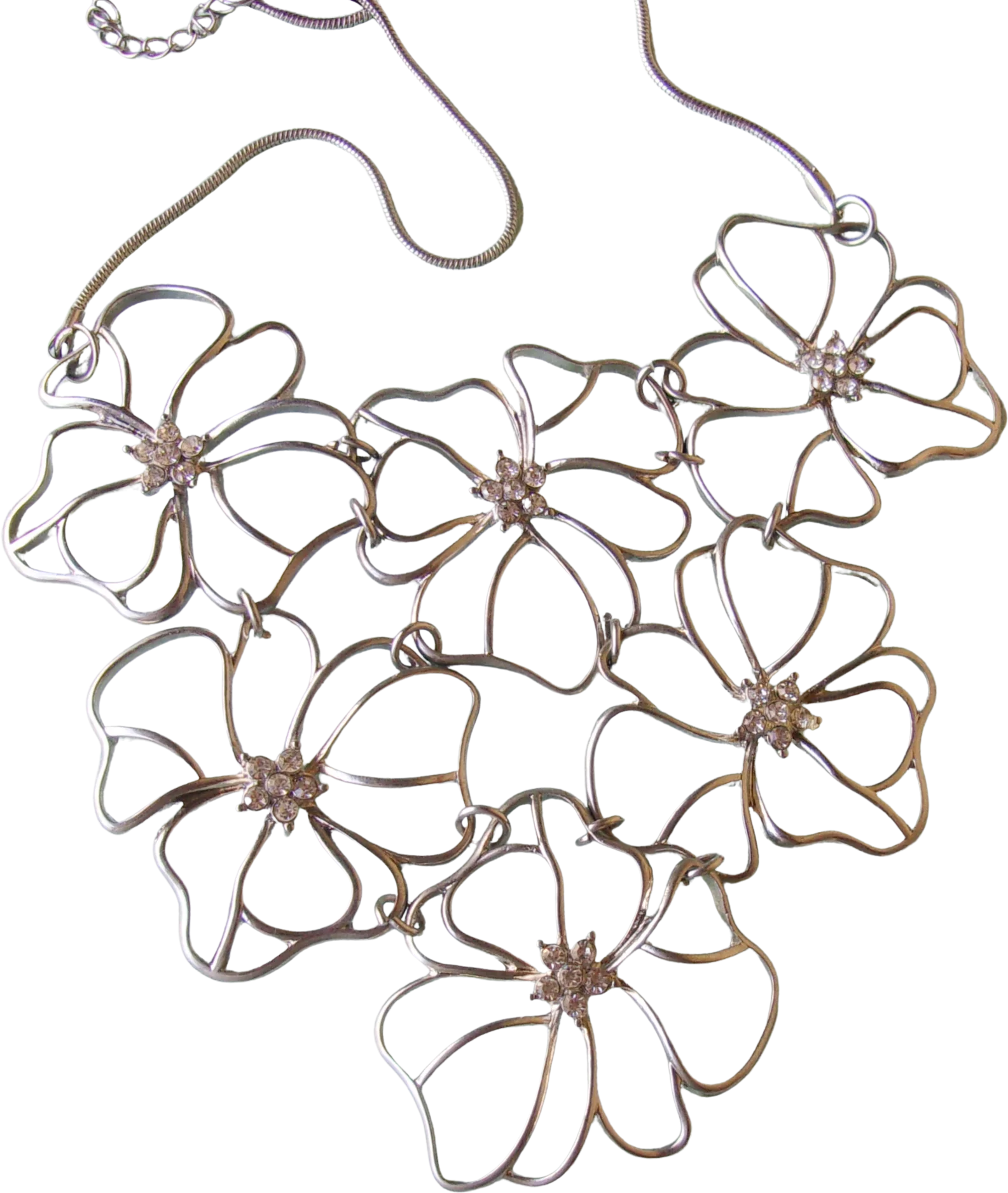 90s/00s Necklace Open Flower Silvertone Bib Rhinestones By Ny