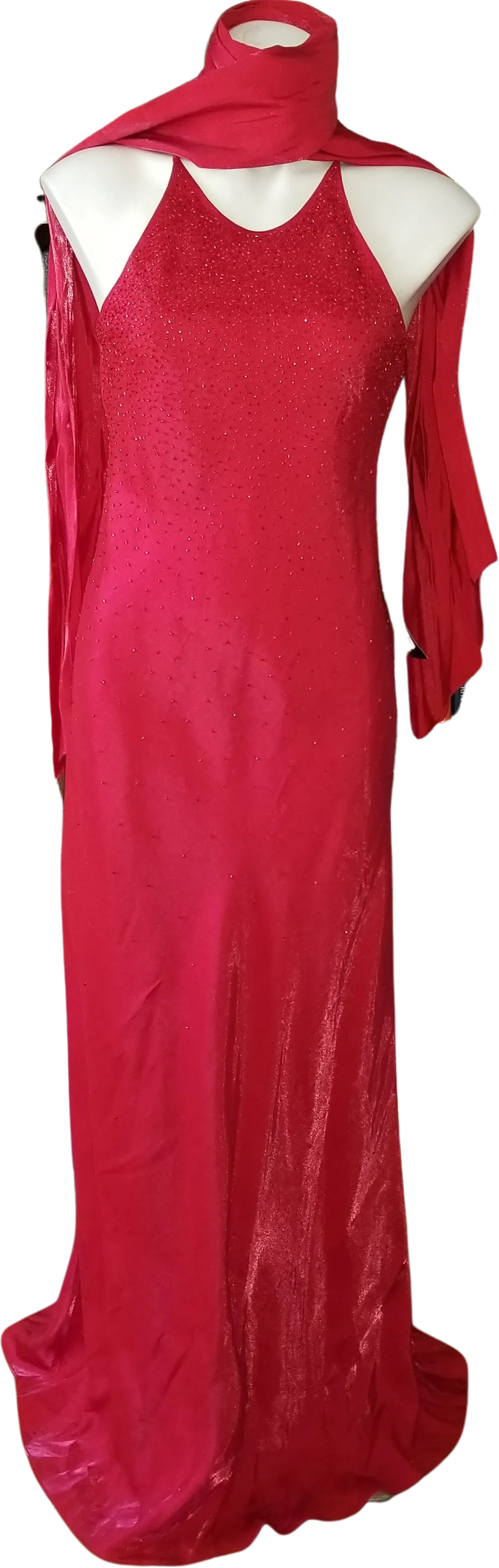 90s/00s Nwt Bias Cut Red Beaded Shimmer Gown With Shawl By Nightway