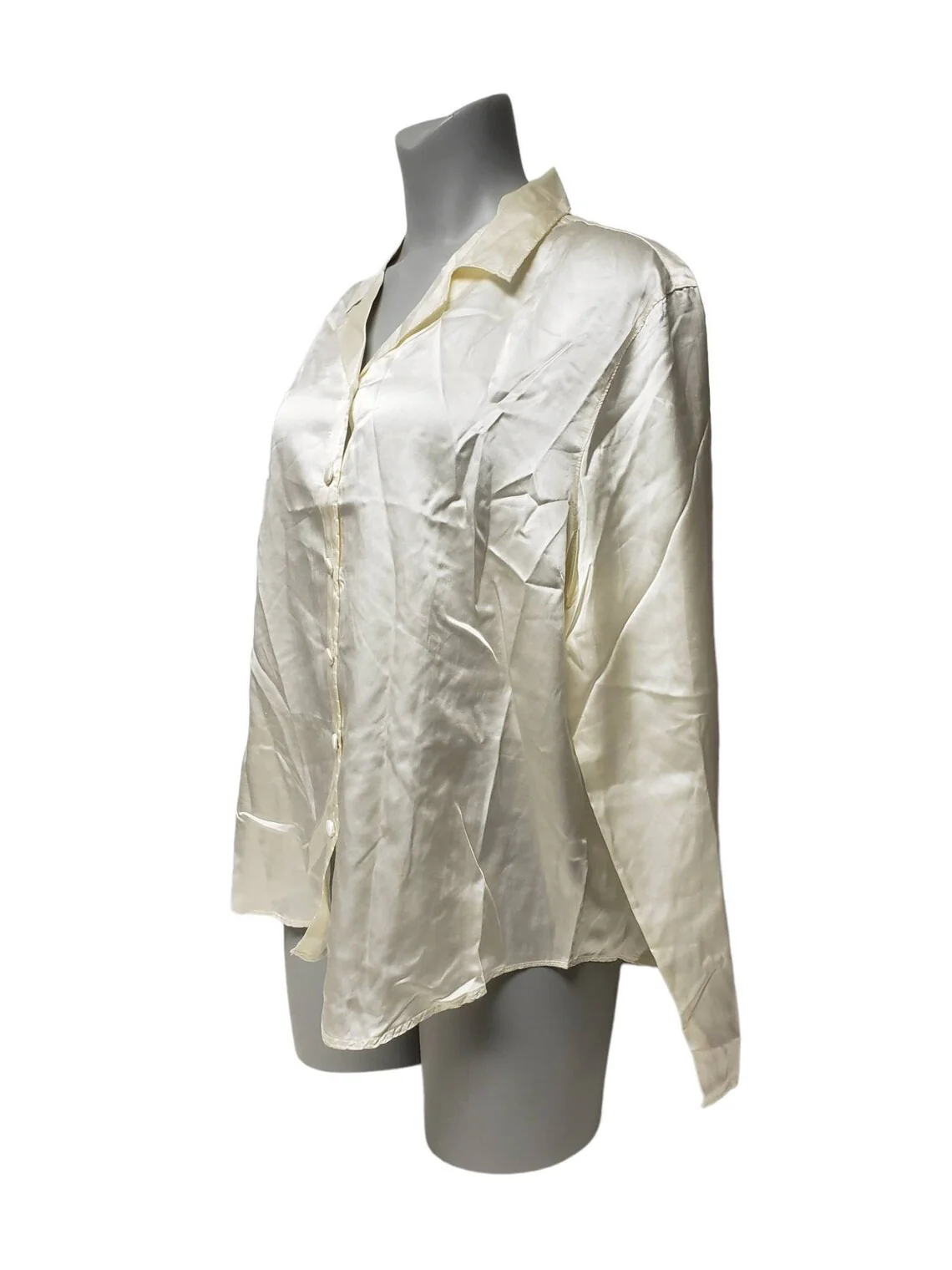 90s/00s Off White Silk Button Front Long Sleeve Pajama Top By Wintersilks - Image 3