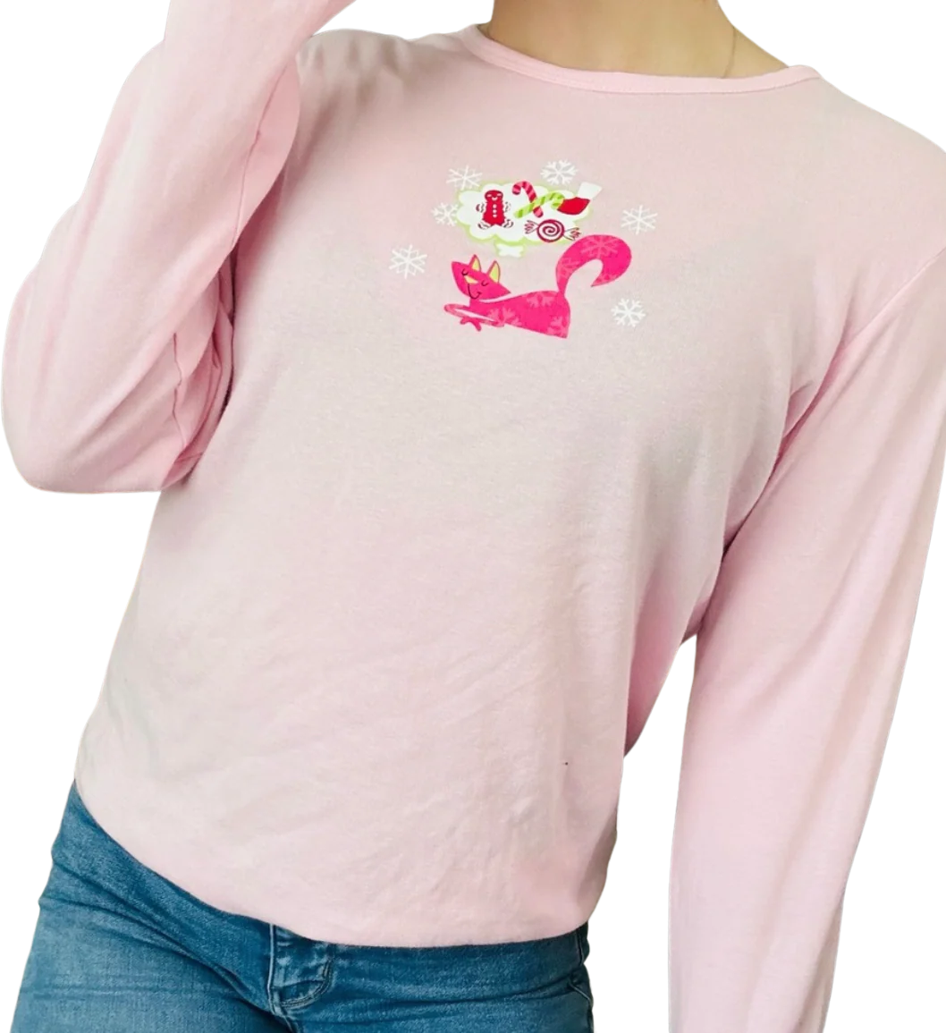 90s/00s Pink Long Sleeve Christmas Cat T-shirt By Cinema Etoile Knits