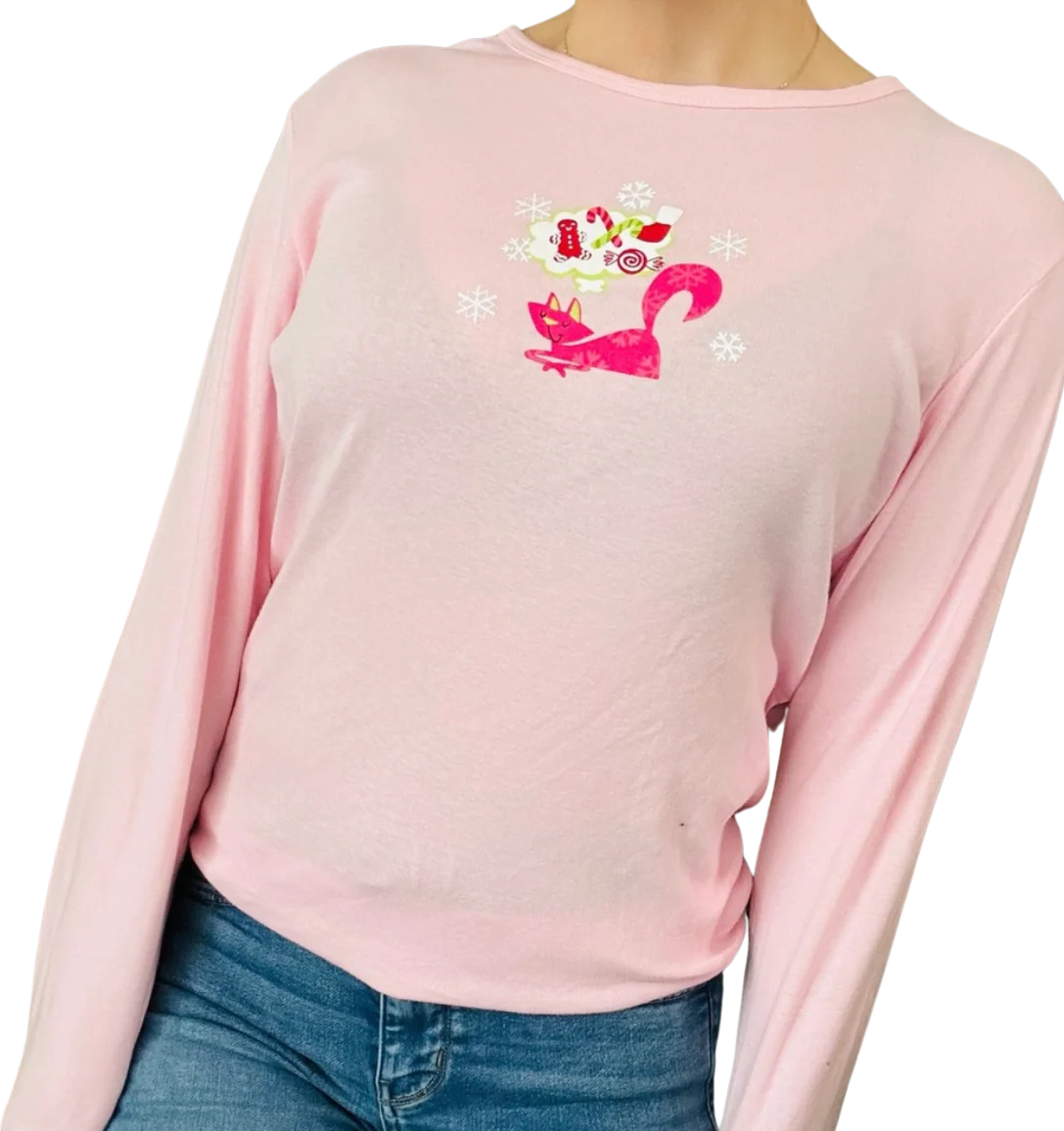 90s/00s Pink Long Sleeve Christmas Cat T-shirt By Cinema Etoile Knits - Image 2