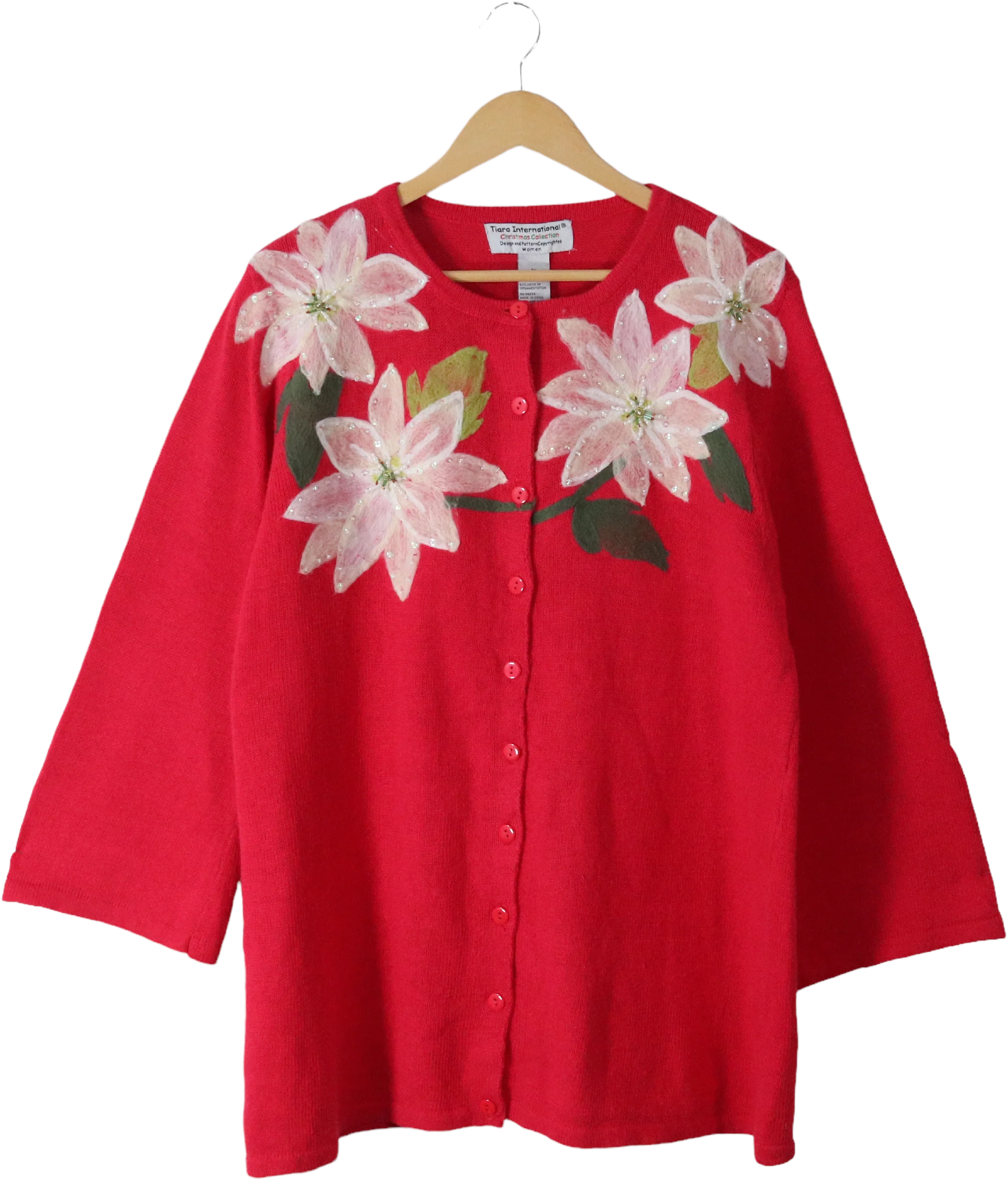 90s/00s Poinsettia Holiday Christmas Cardigan Sweater By Tiara