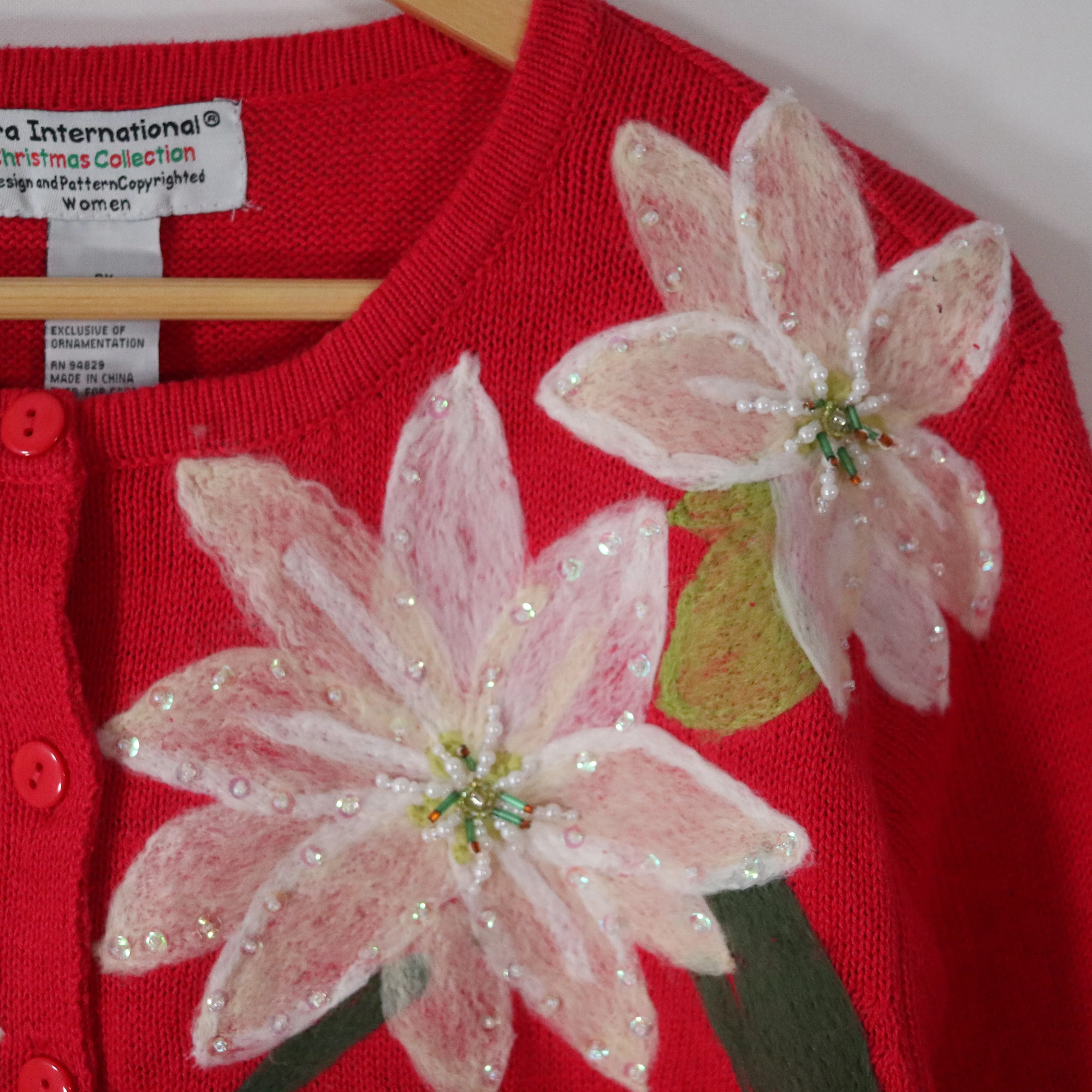 90s/00s Poinsettia Holiday Christmas Cardigan Sweater By Tiara - Image 5