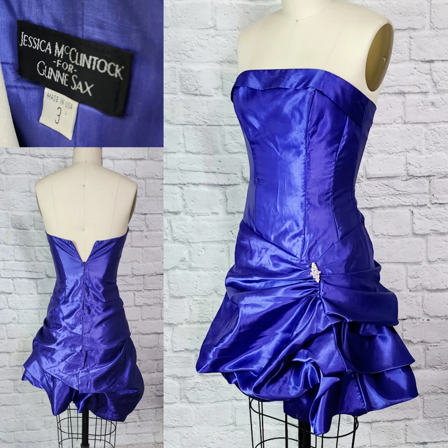 90s/00s Purple Satin Bubble Mini Dress Prom Party By Gunne Sax - Image 3