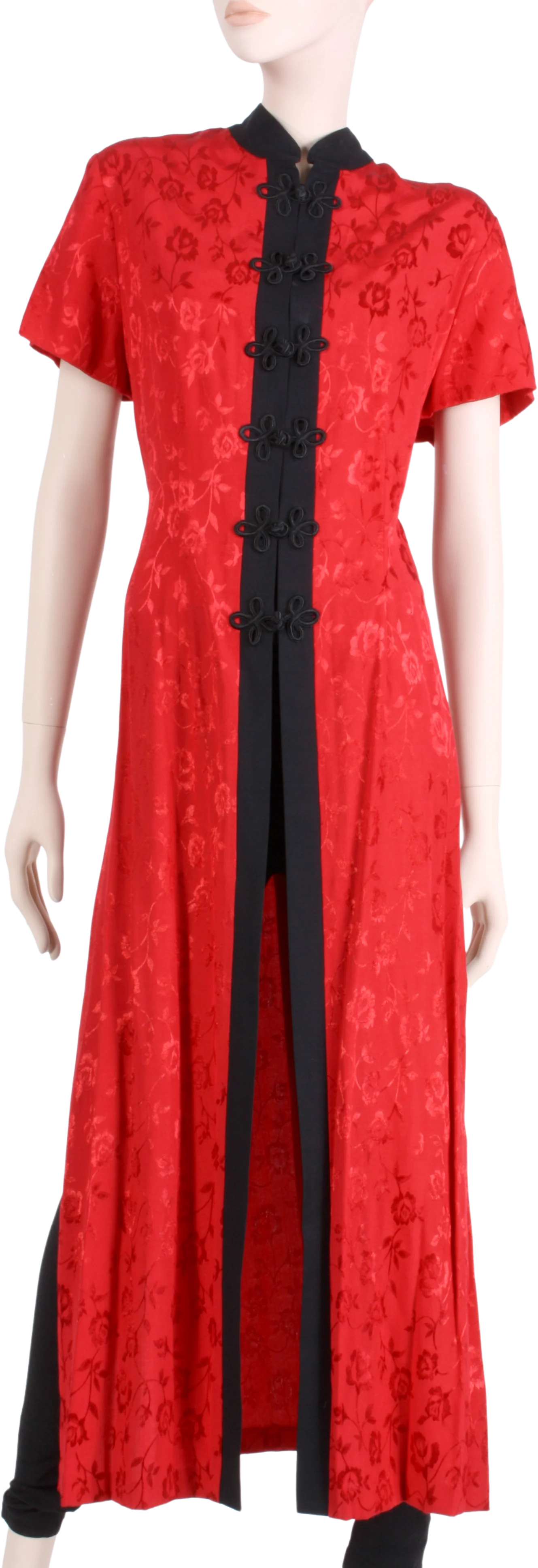 90s/00s Red Black Cheongsam Qipao Embossed Duster 00s By Sherri Martin
