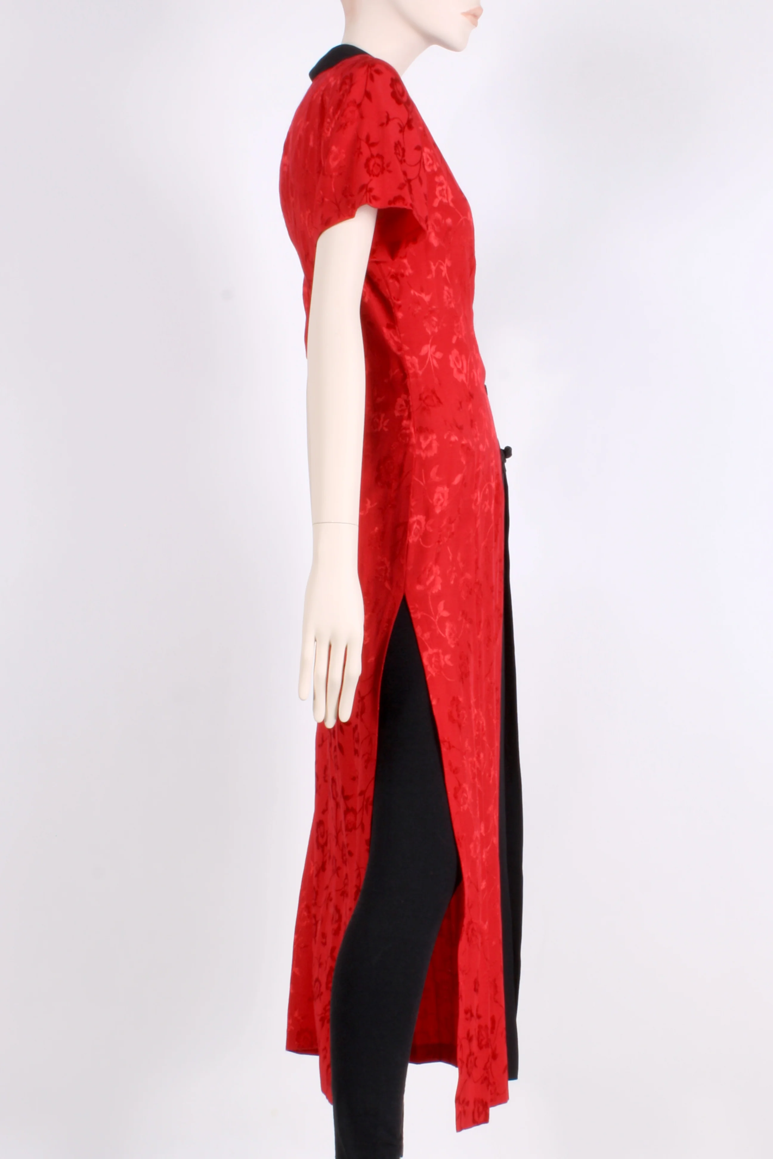 90s/00s Red Black Cheongsam Qipao Embossed Duster 00s By Sherri Martin - Image 6