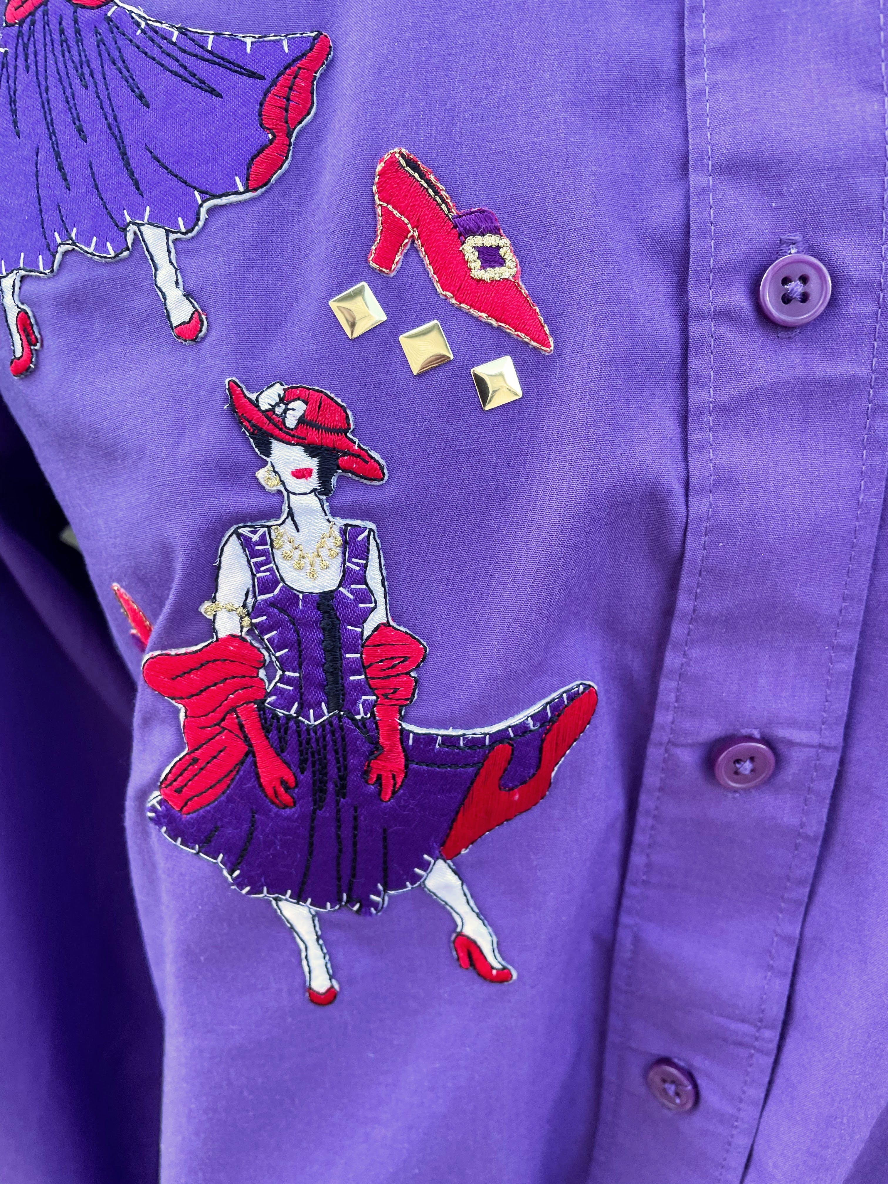 90s/00s Red Hat Society Purple Shirt Applique Lady Dancers By Las Olas - Image 3