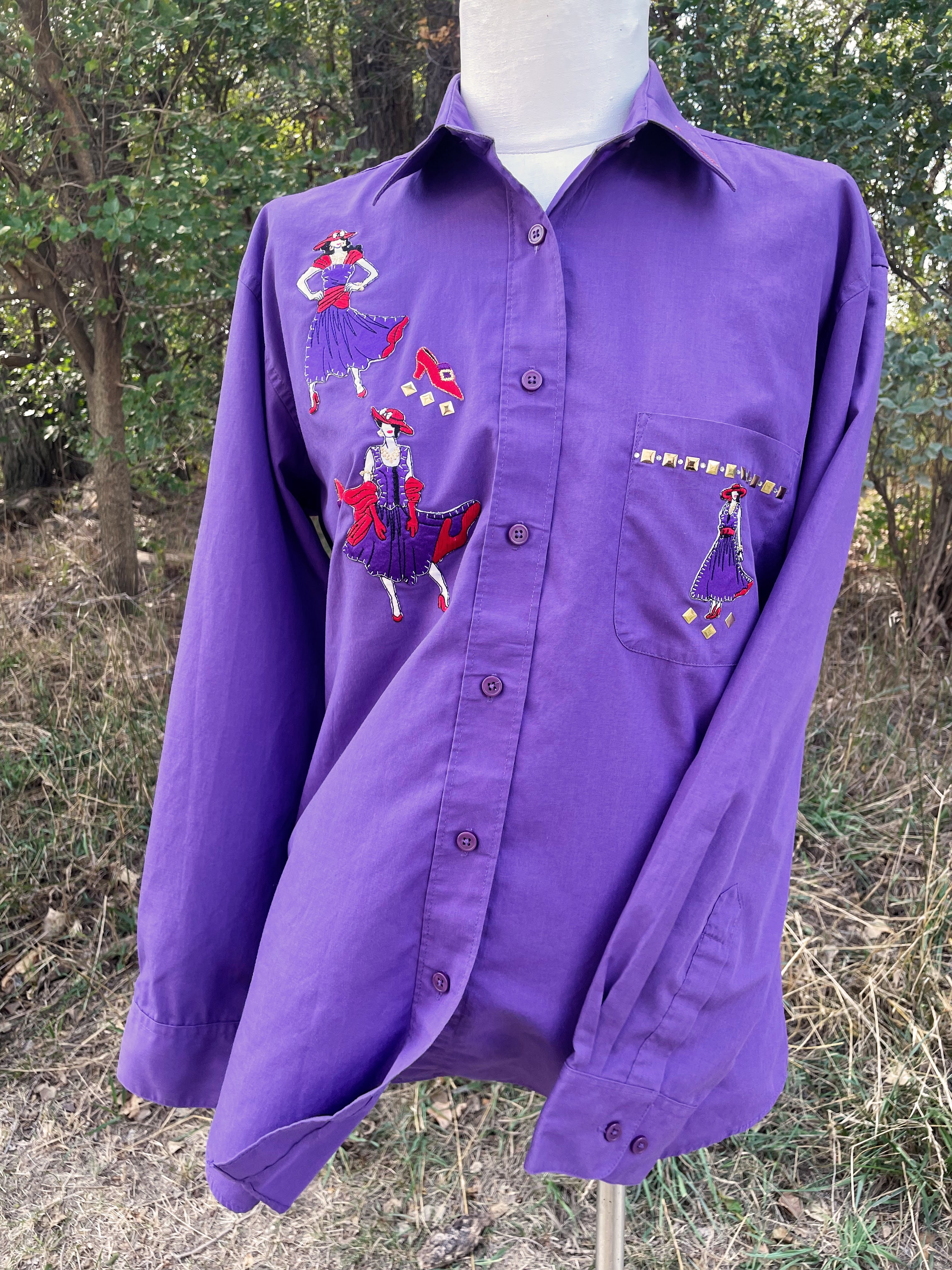 90s/00s Red Hat Society Purple Shirt Applique Lady Dancers By Las Olas - Image 9