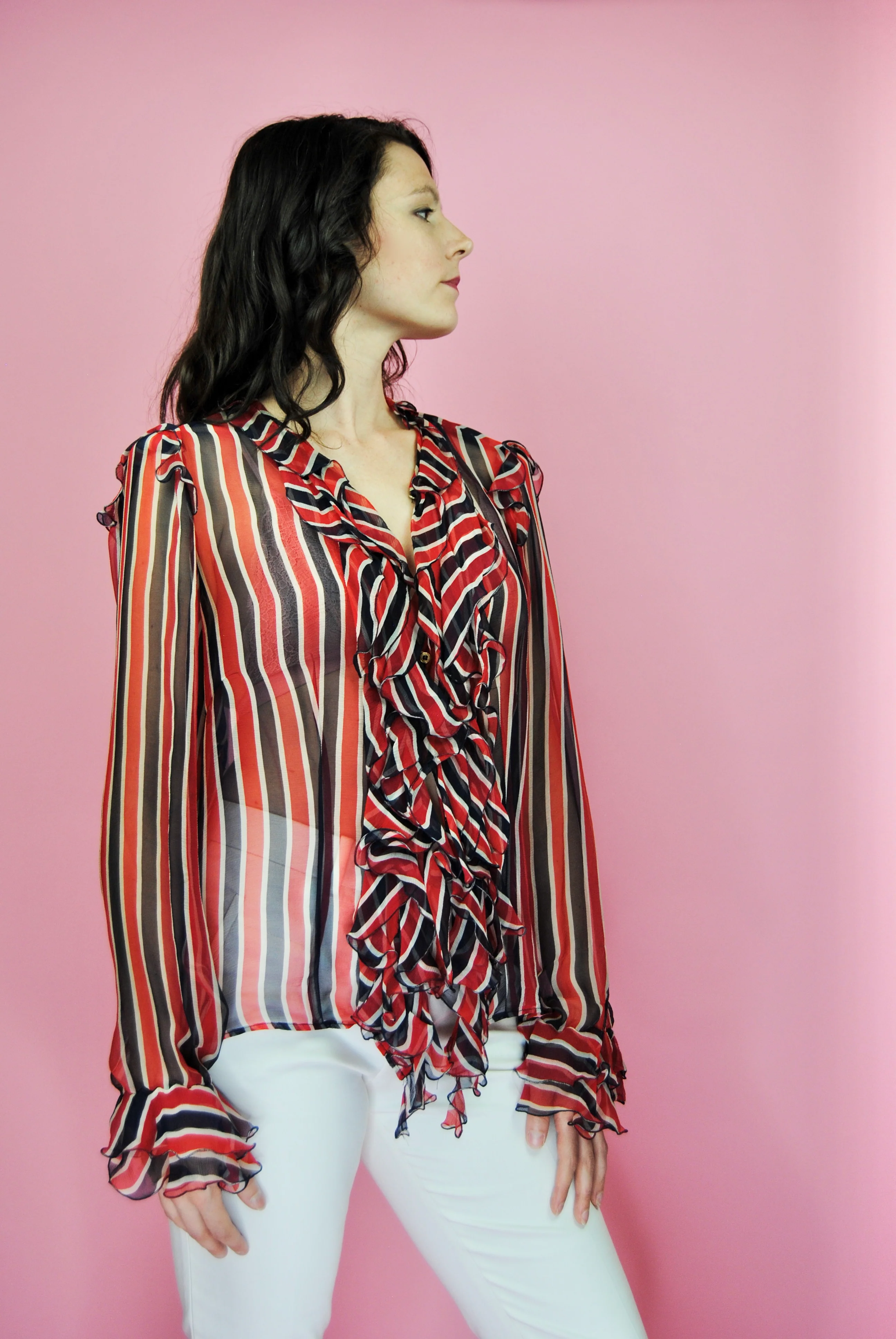 90s/00s Red White And Blue Silk Chiffon Ruffled Blouse - Image 3