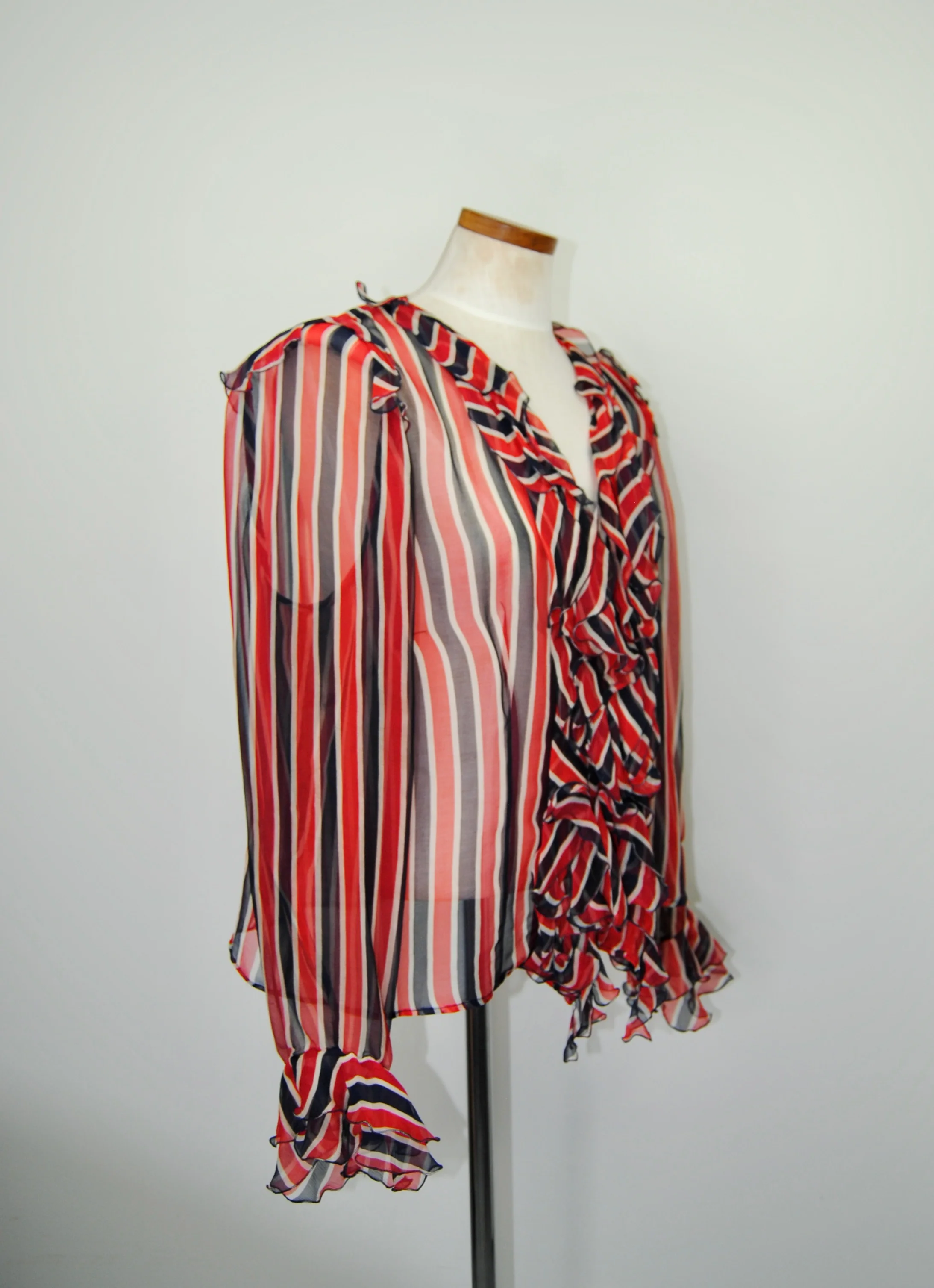 90s/00s Red White And Blue Silk Chiffon Ruffled Blouse - Image 9