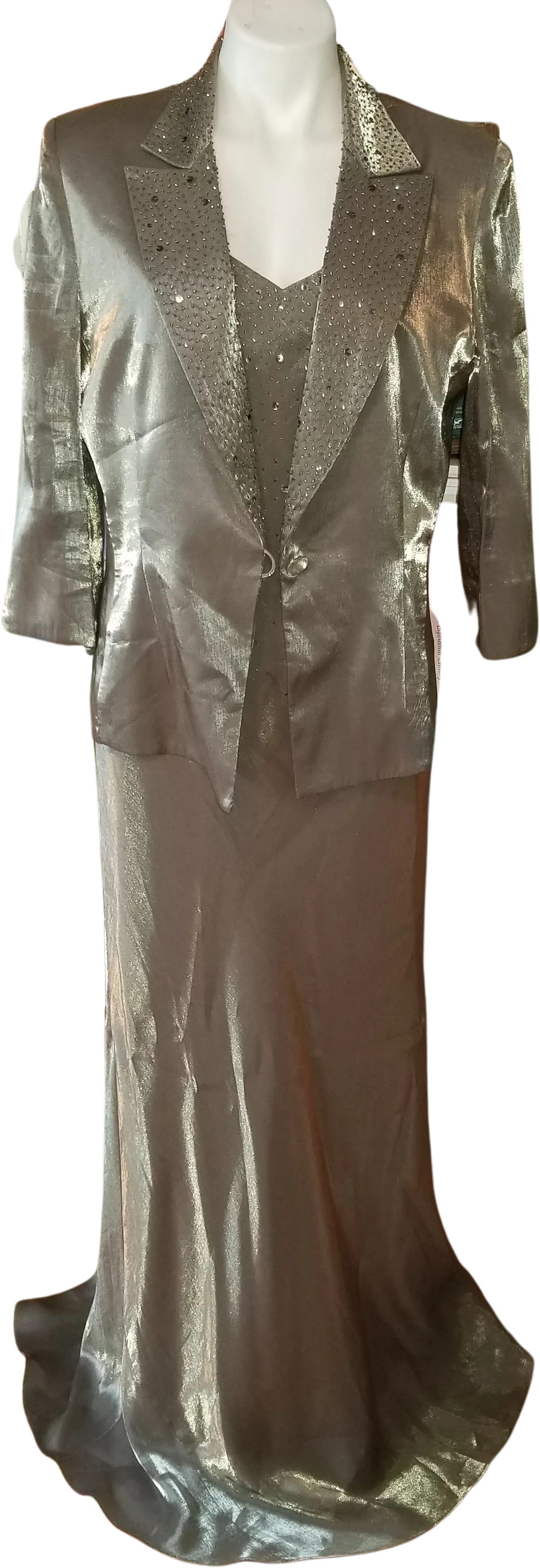 90s/00s Sage/light Olive Green Beaded Gown And Jacket Set By Alex Evenings - Image 2