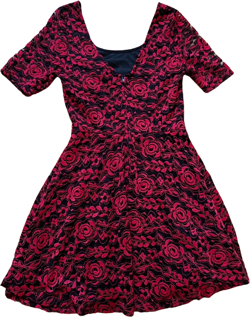 90s/00s Scoopneck Red Rose Embroidered Black Lace Dress By Coco Avante - Image 2