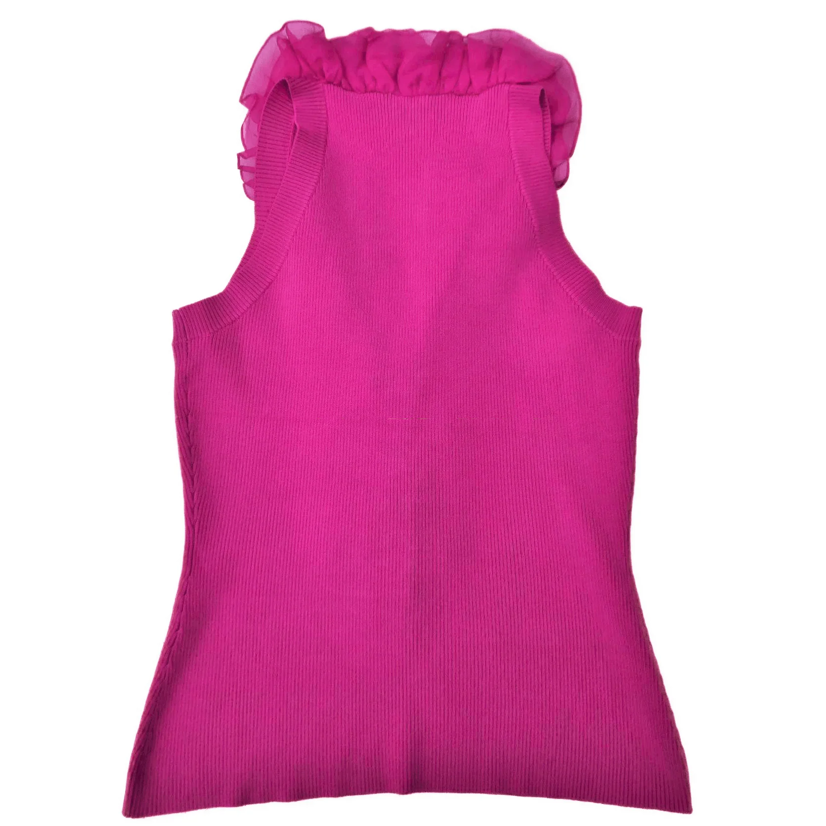 90s/00s Silk Knit Sweater Top Ruffles V Zip Neckline M By Cache - Image 6
