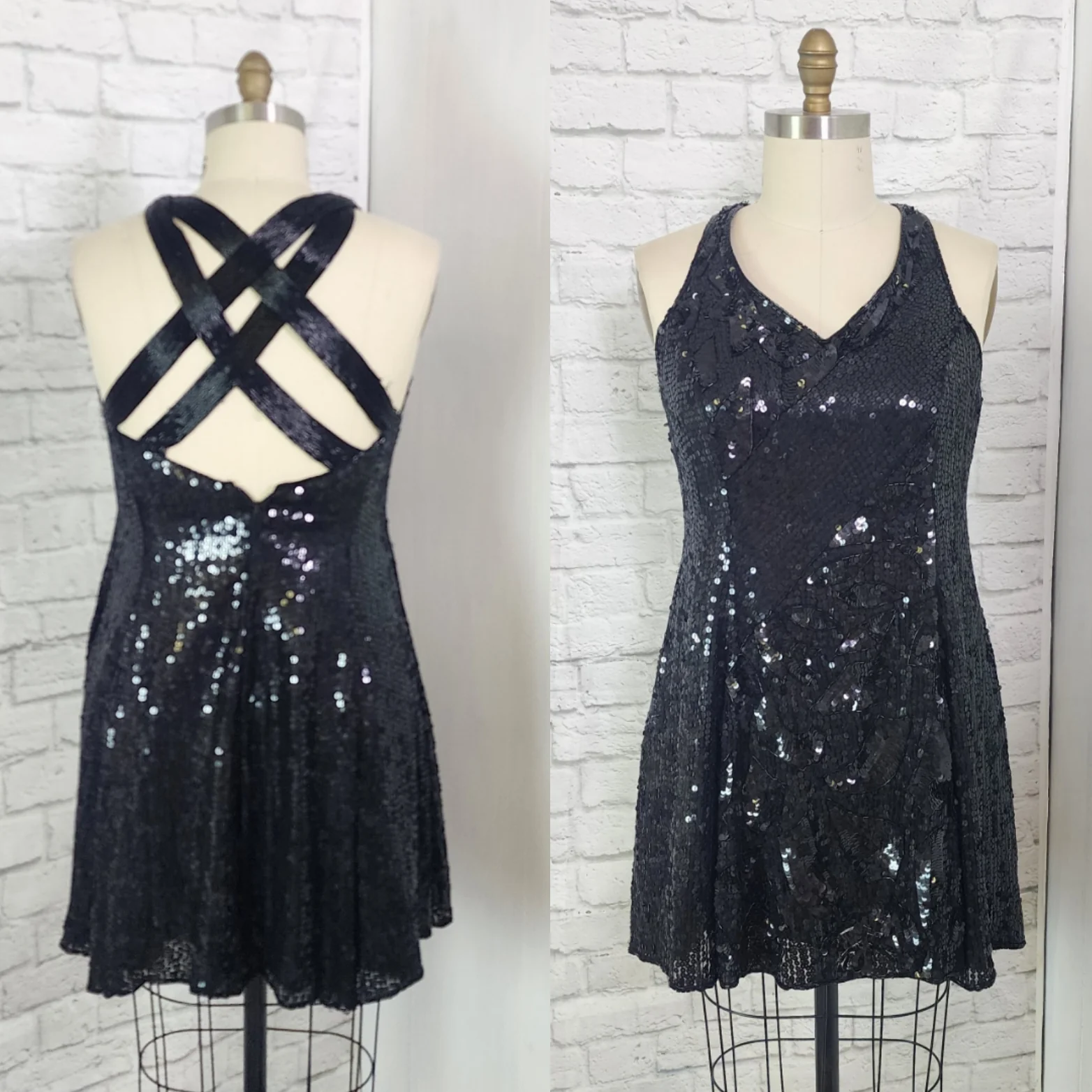 90s/00s Silk Sequin Princess Cut Mini X Back Dress - Image 4